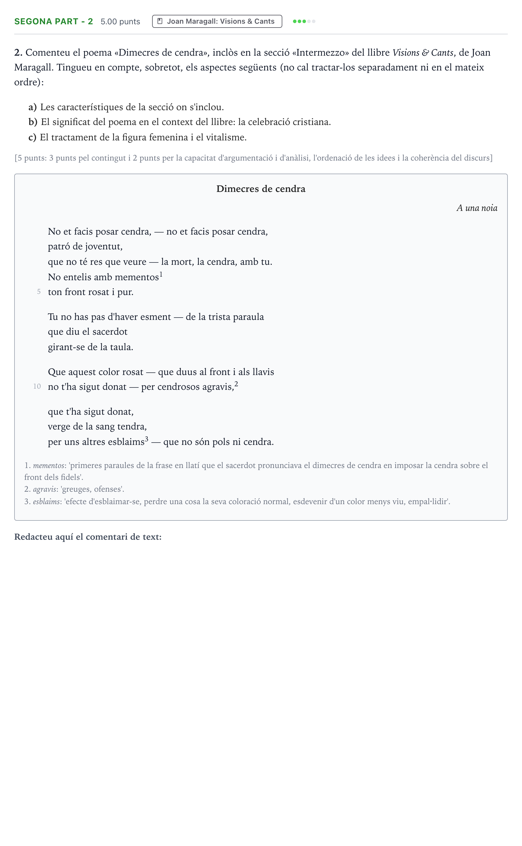 Enunciado: Ejercicio Segona part - 2 · Literatura Catalana Selectividad Cataluña Juny Serie 5 2024
