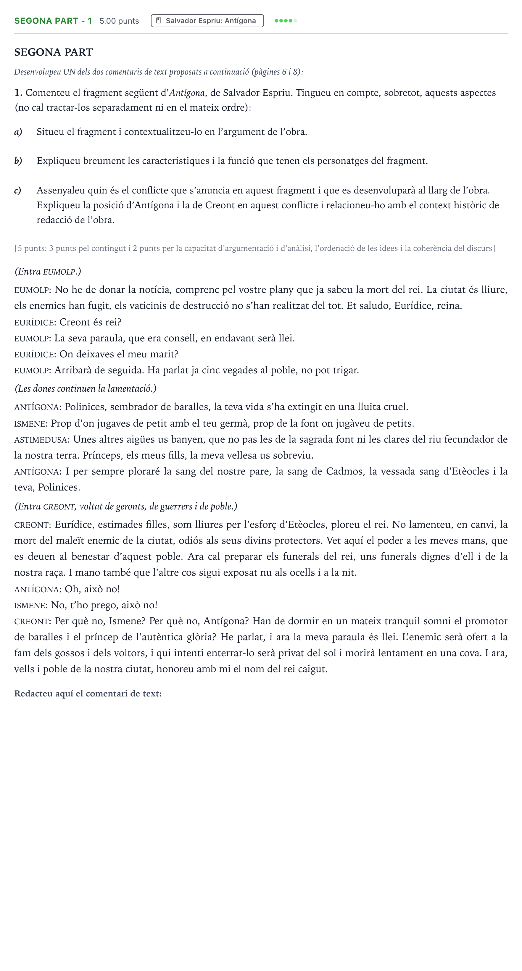 Enunciado: Ejercicio Segona part - 1 · Literatura Catalana Selectividad Cataluña Setembre Serie 3 2024
