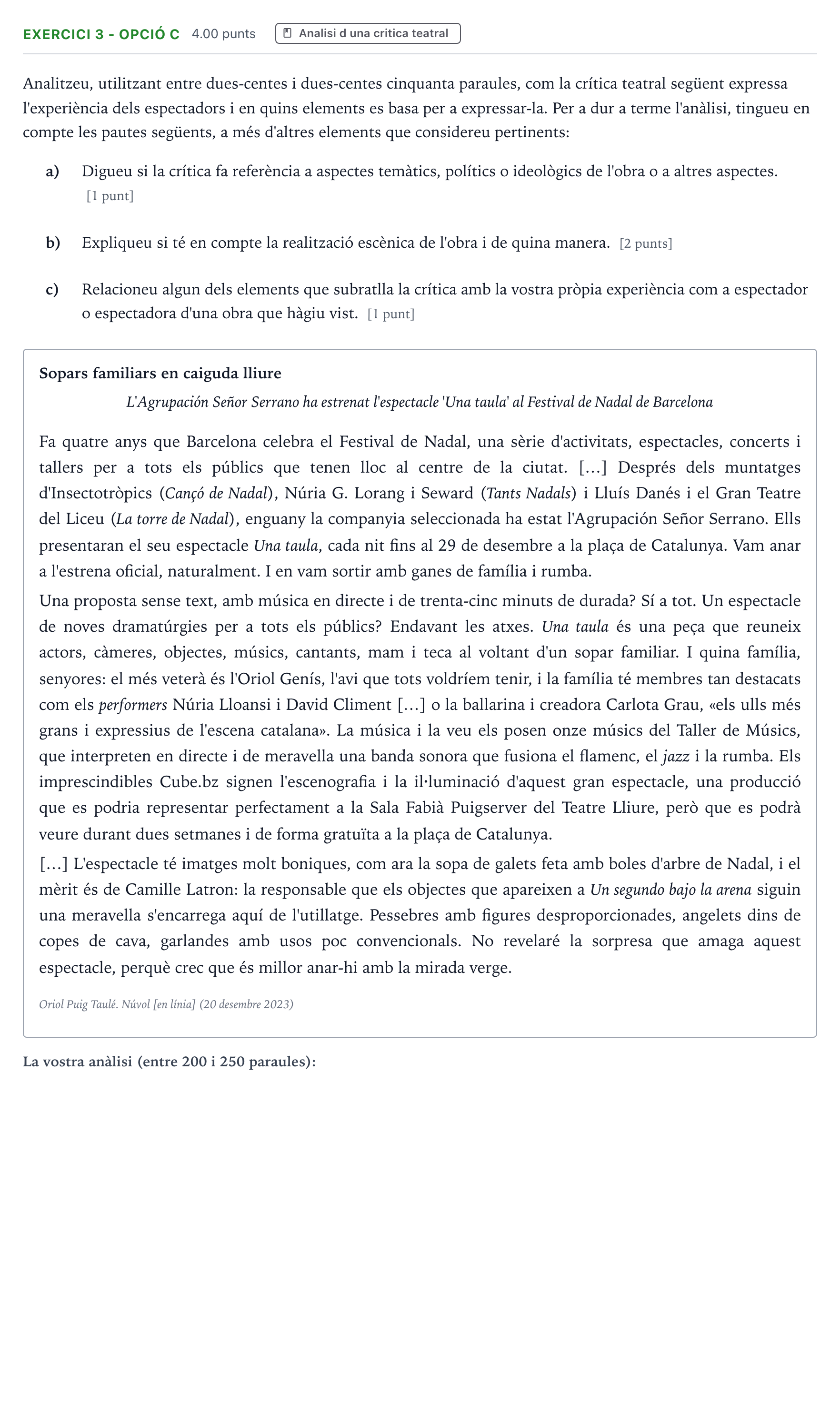 Enunciado: Exercici 3 - Opció C · Literatura Dramática Selectividad Cataluña Setembre Serie 3 2024