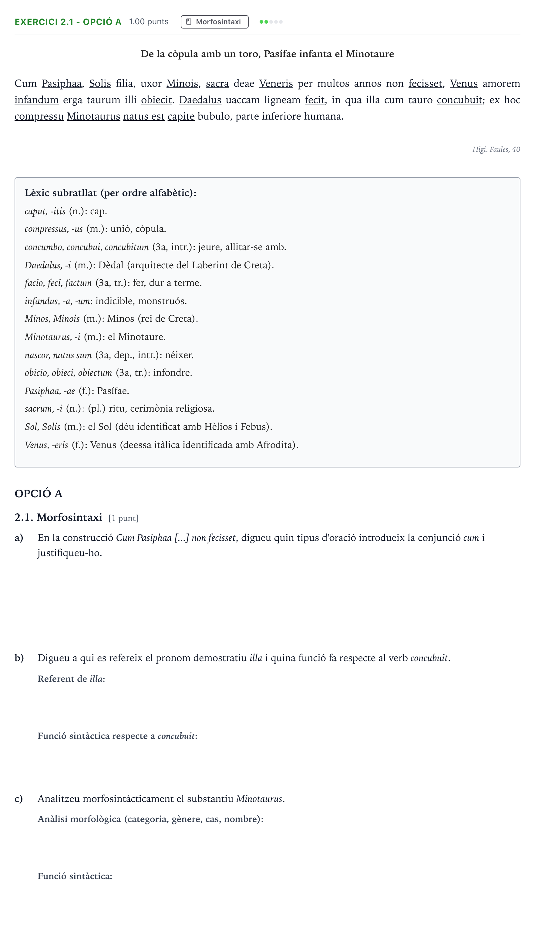 Enunciado: Ejercicio 2.1 - Opció A · Latín II Selectividad Cataluña Juny Serie 5 2024