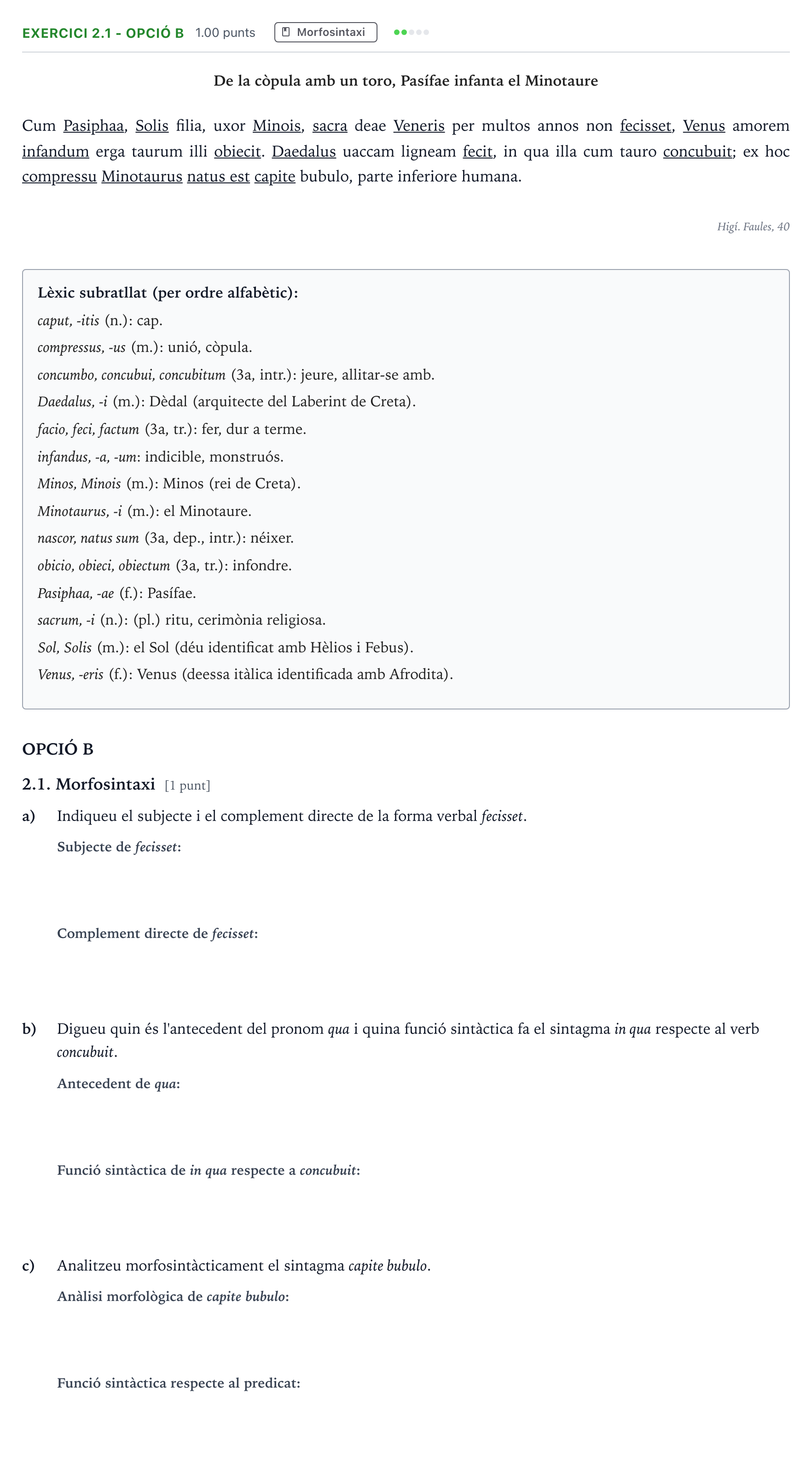 Enunciado: Ejercicio 2.1 - Opció B · Latín II Selectividad Cataluña Juny Serie 5 2024