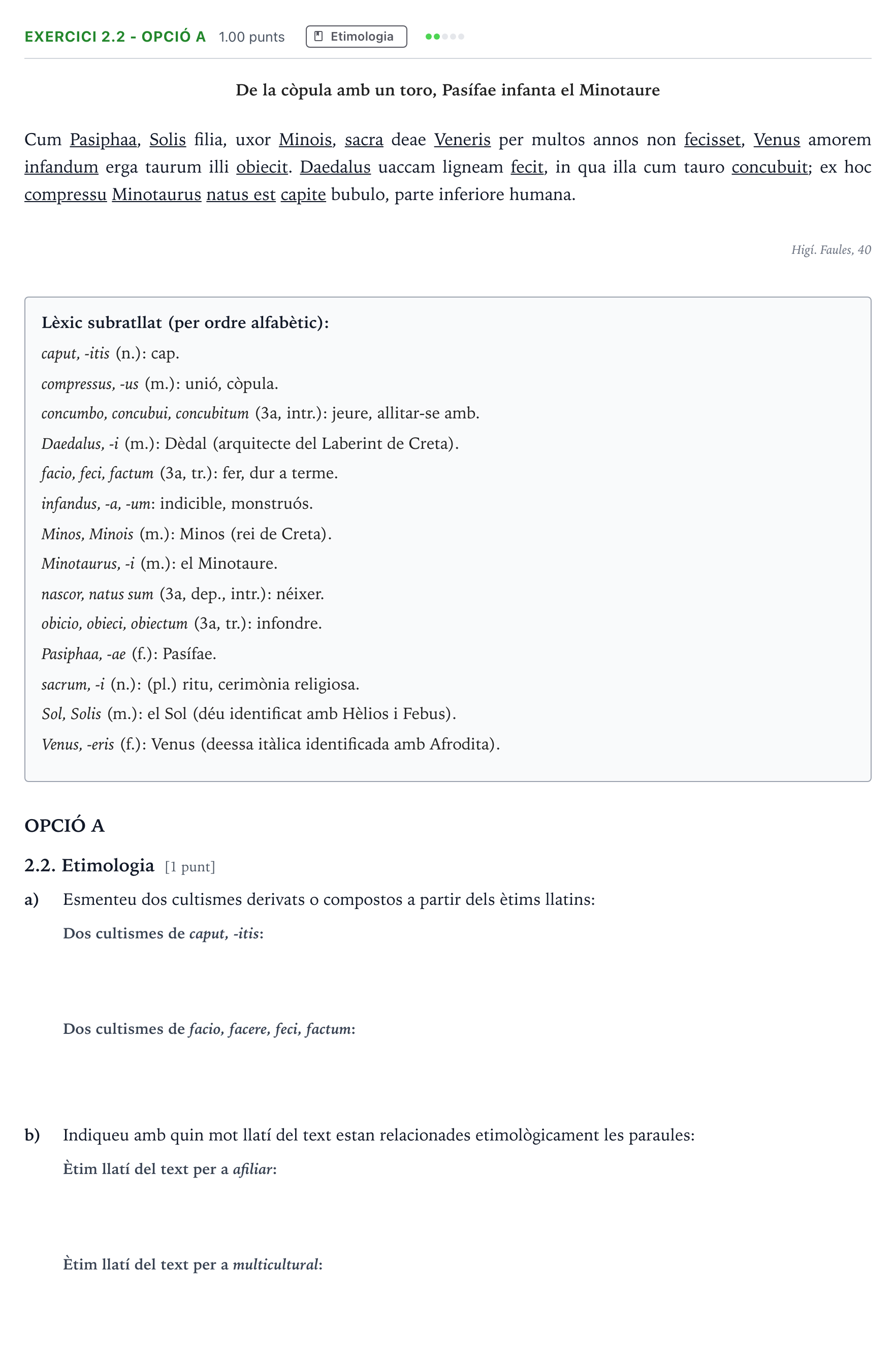 Enunciado: Ejercicio 2.2 - Opció A · Latín II Selectividad Cataluña Juny Serie 5 2024