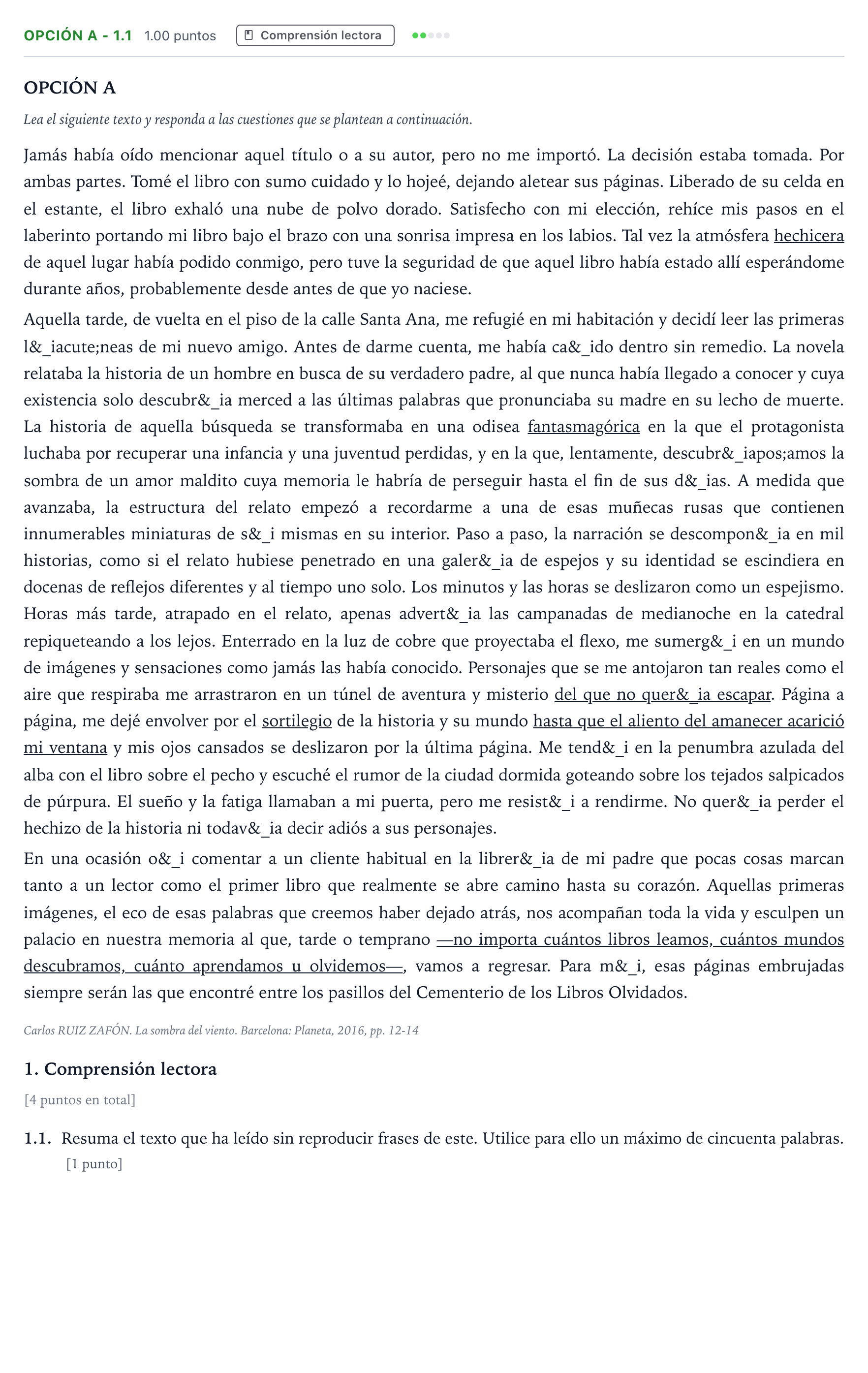 Enunciado: Opción A - 1.1 · Lengua Castellana y Literatura II Selectividad Cataluña Juny Serie 1 2024