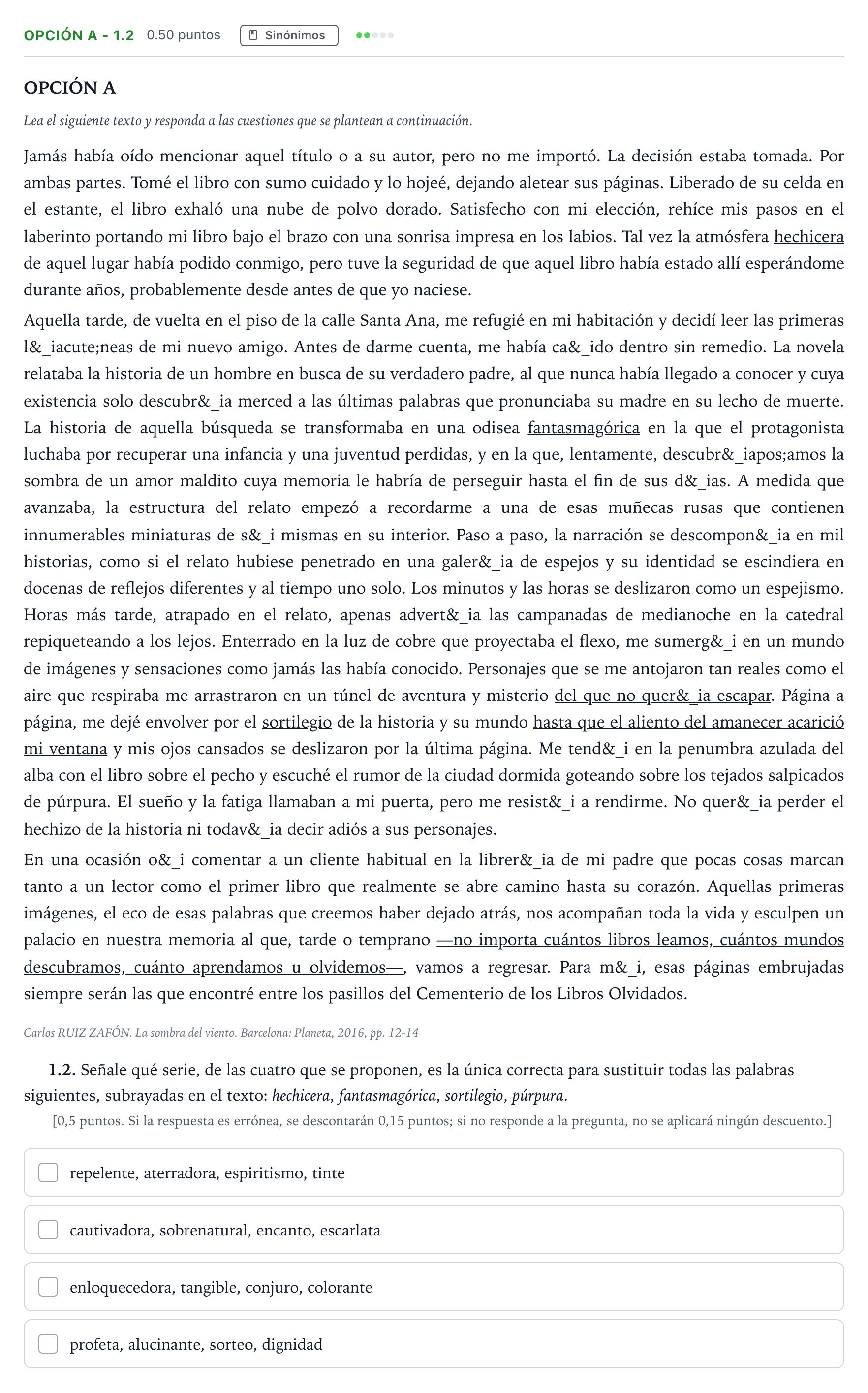 Enunciado: Opción A - 1.2 · Lengua Castellana y Literatura II Selectividad Cataluña Juny Serie 1 2024