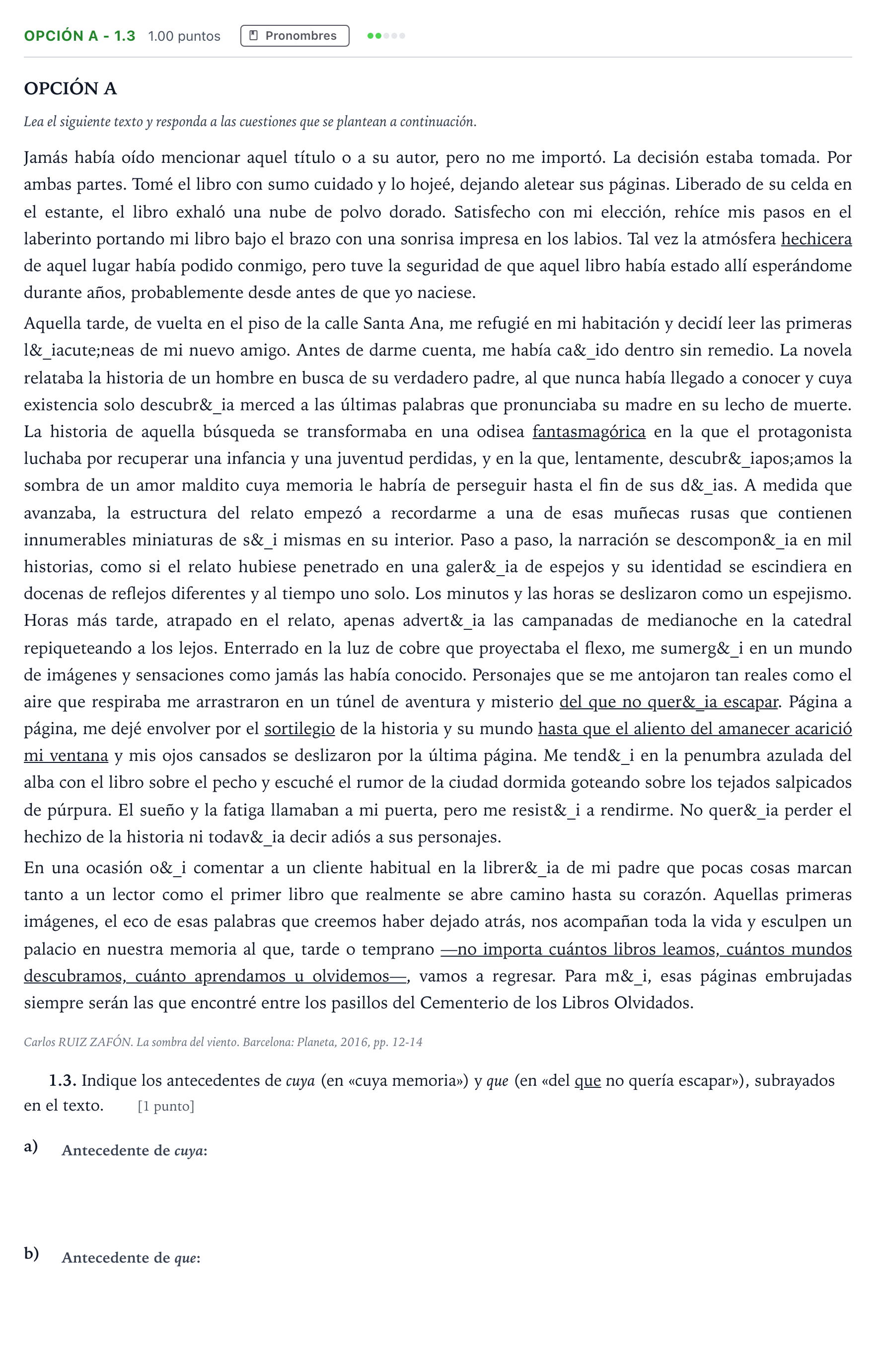 Enunciado: Opción A - 1.3 · Lengua Castellana y Literatura II Selectividad Cataluña Juny Serie 1 2024
