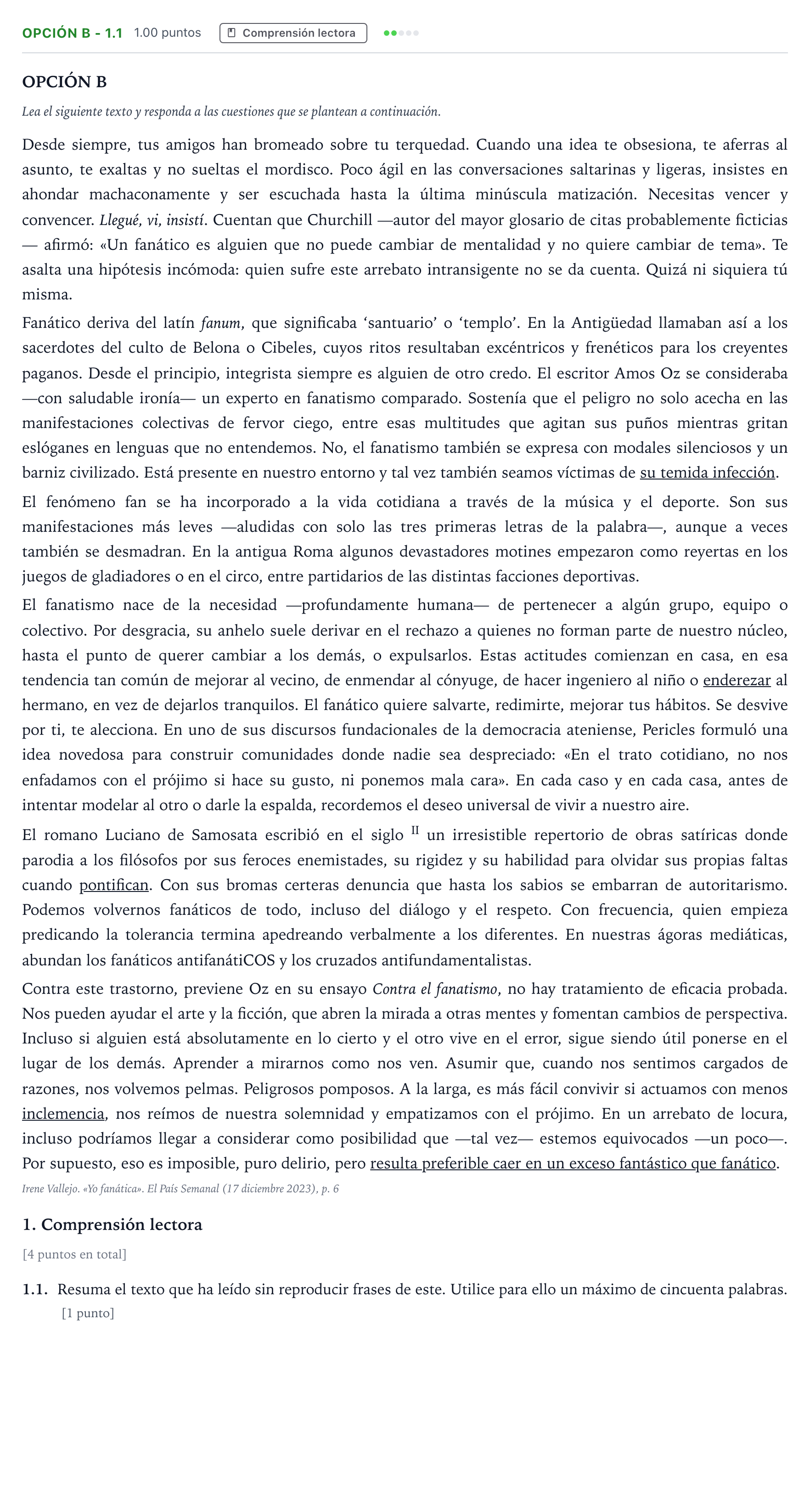 Enunciado: Opción B - 1.1 · Lengua Castellana y Literatura II Selectividad Cataluña Juny Serie 1 2024