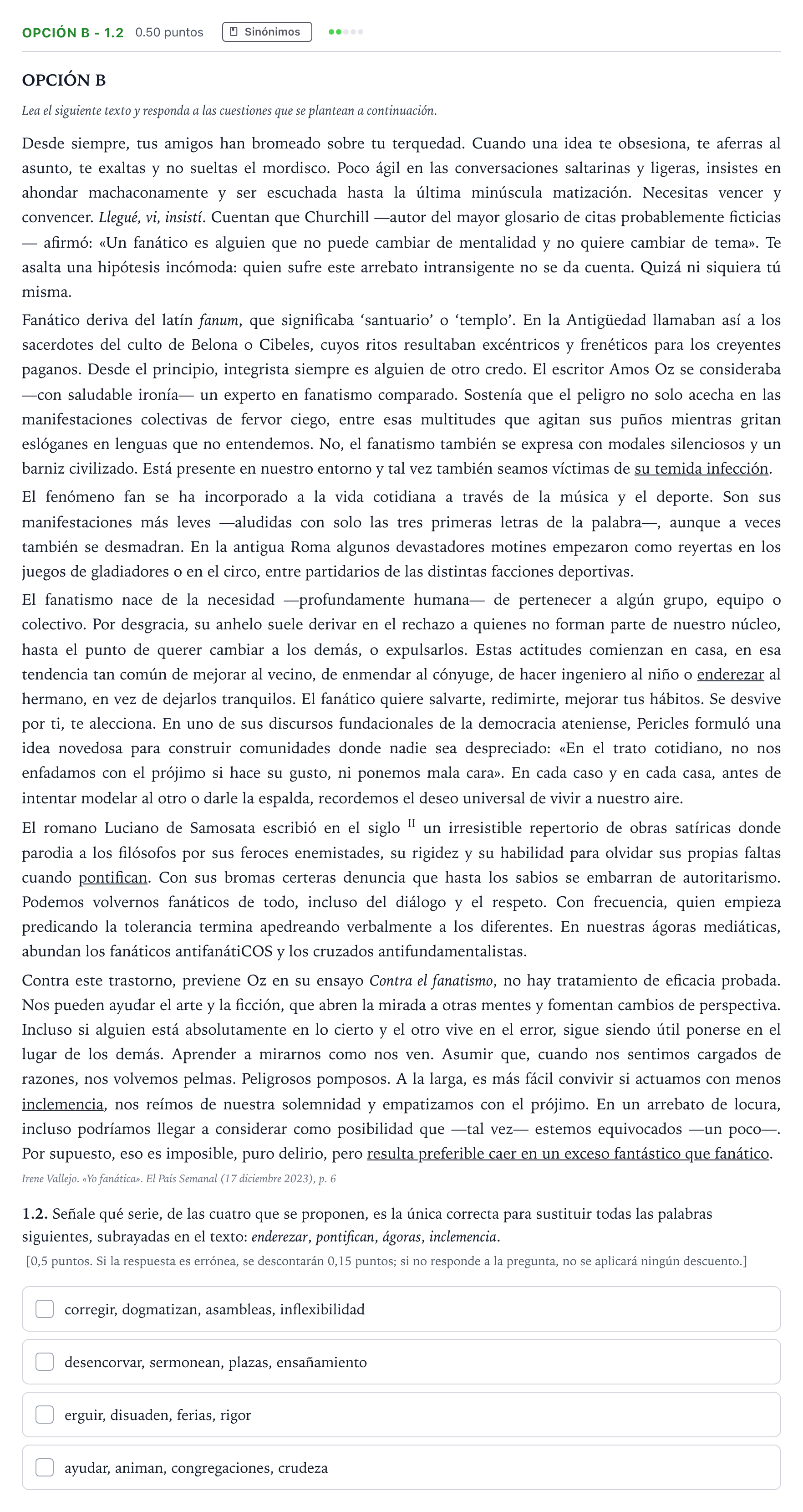 Enunciado: Opción B - 1.2 · Lengua Castellana y Literatura II Selectividad Cataluña Juny Serie 1 2024