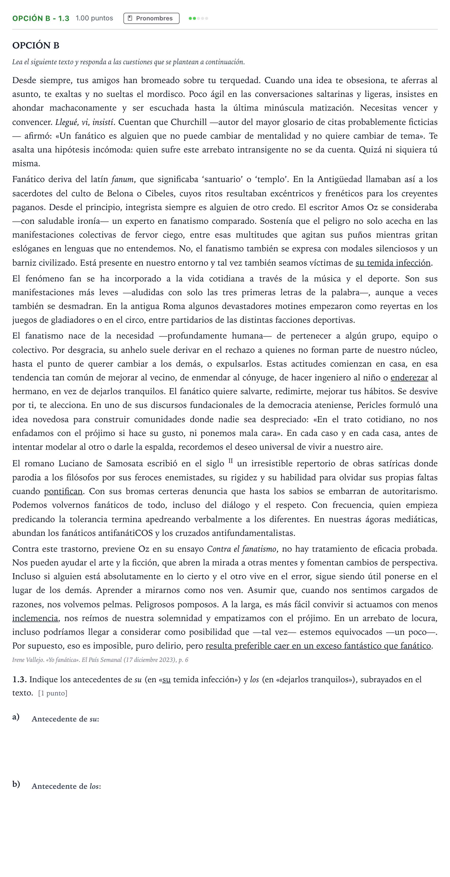 Enunciado: Opción B - 1.3 · Lengua Castellana y Literatura II Selectividad Cataluña Juny Serie 1 2024