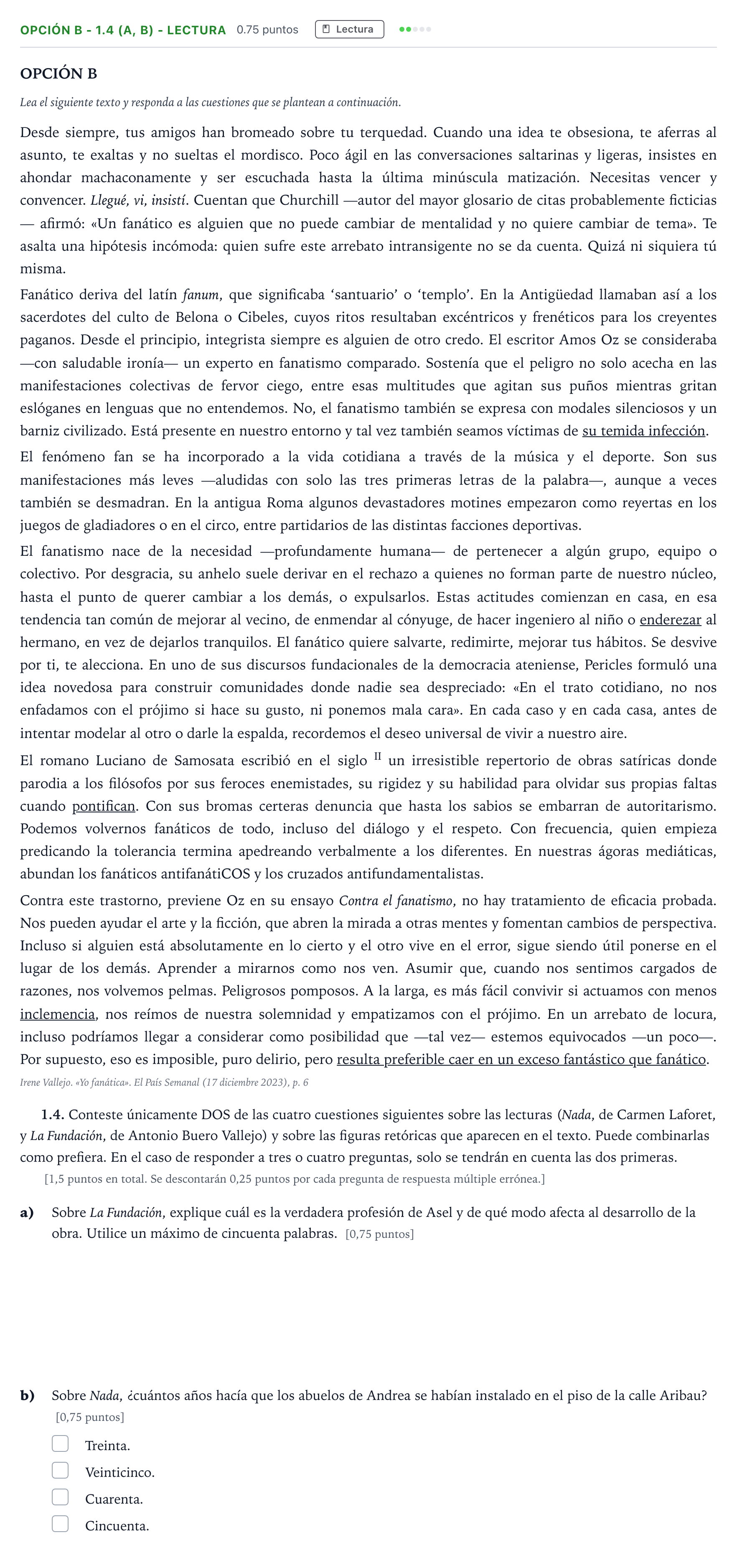 Enunciado: Opción B - 1.4 (a, b) - Lectura · Lengua Castellana y Literatura II Selectividad Cataluña Juny Serie 1 2024