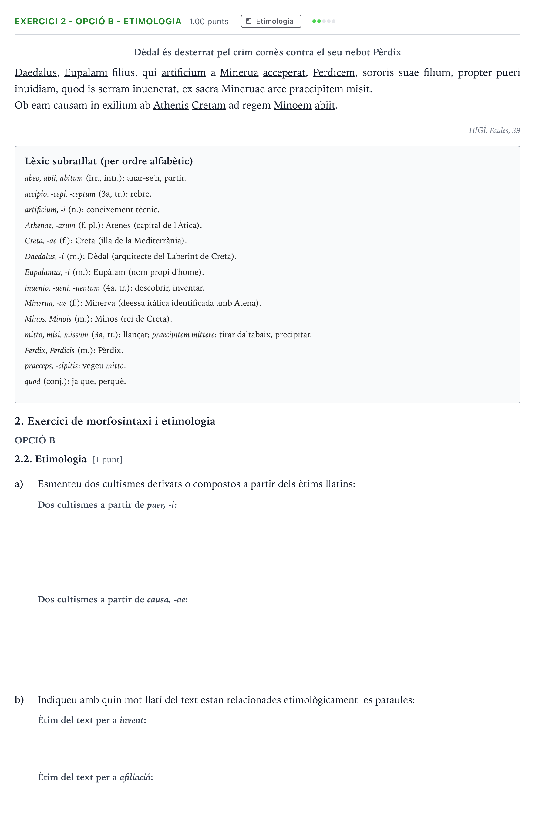 Enunciado: Ejercicio 2 - Opció B - Etimologia · Latín II Selectividad Cataluña Setembre Serie 3 2024