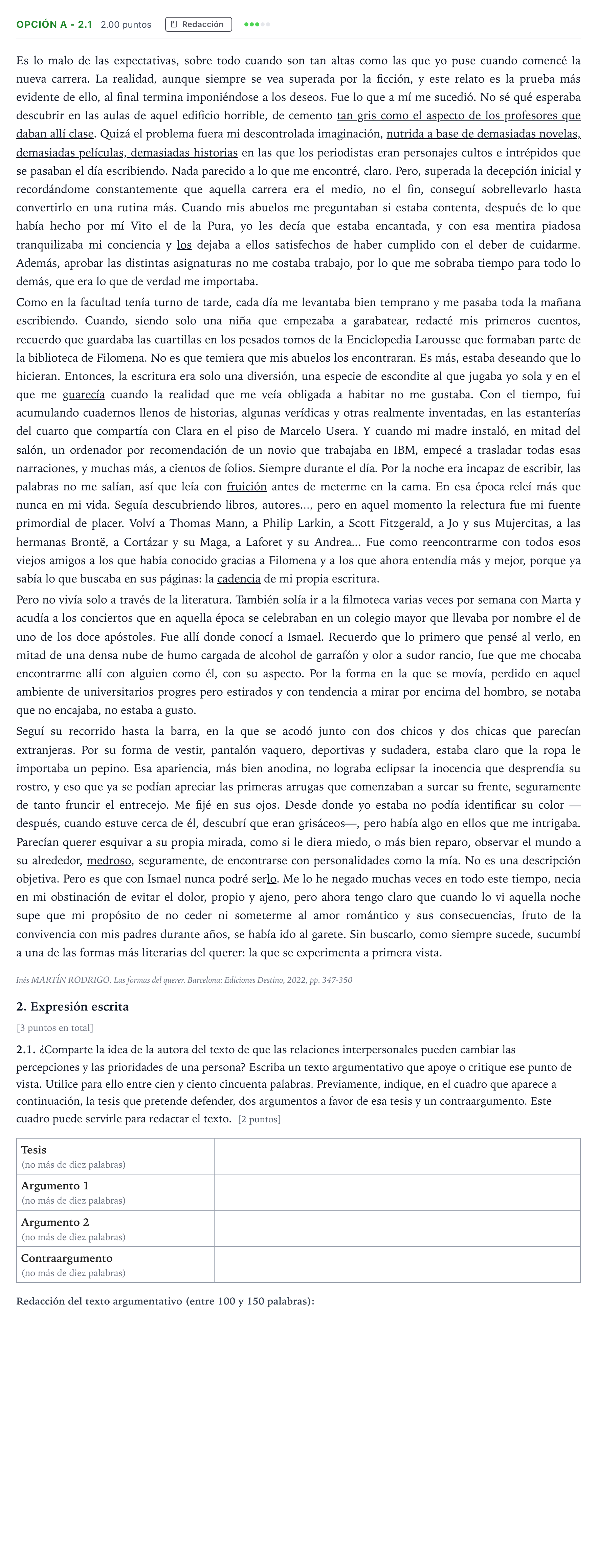 Enunciado: Opción A - 2.1 · Lengua Castellana y Literatura II Selectividad Cataluña Juny Serie 5 2024