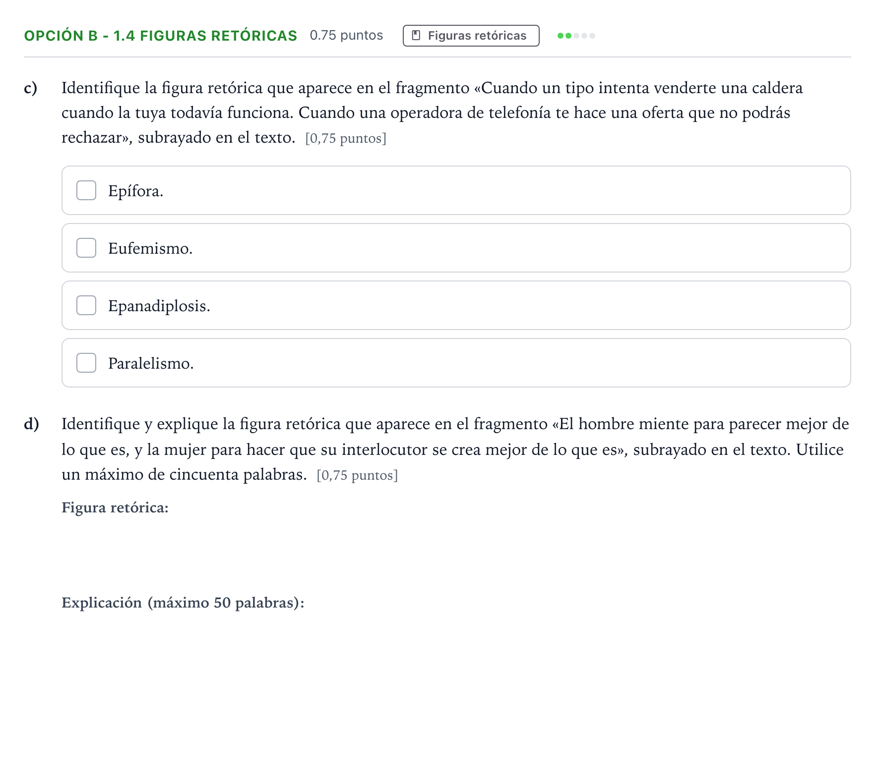 Enunciado: Opción B - 1.4 Figuras retóricas · Lengua Castellana y Literatura II Selectividad Cataluña Juny Serie 5 2024