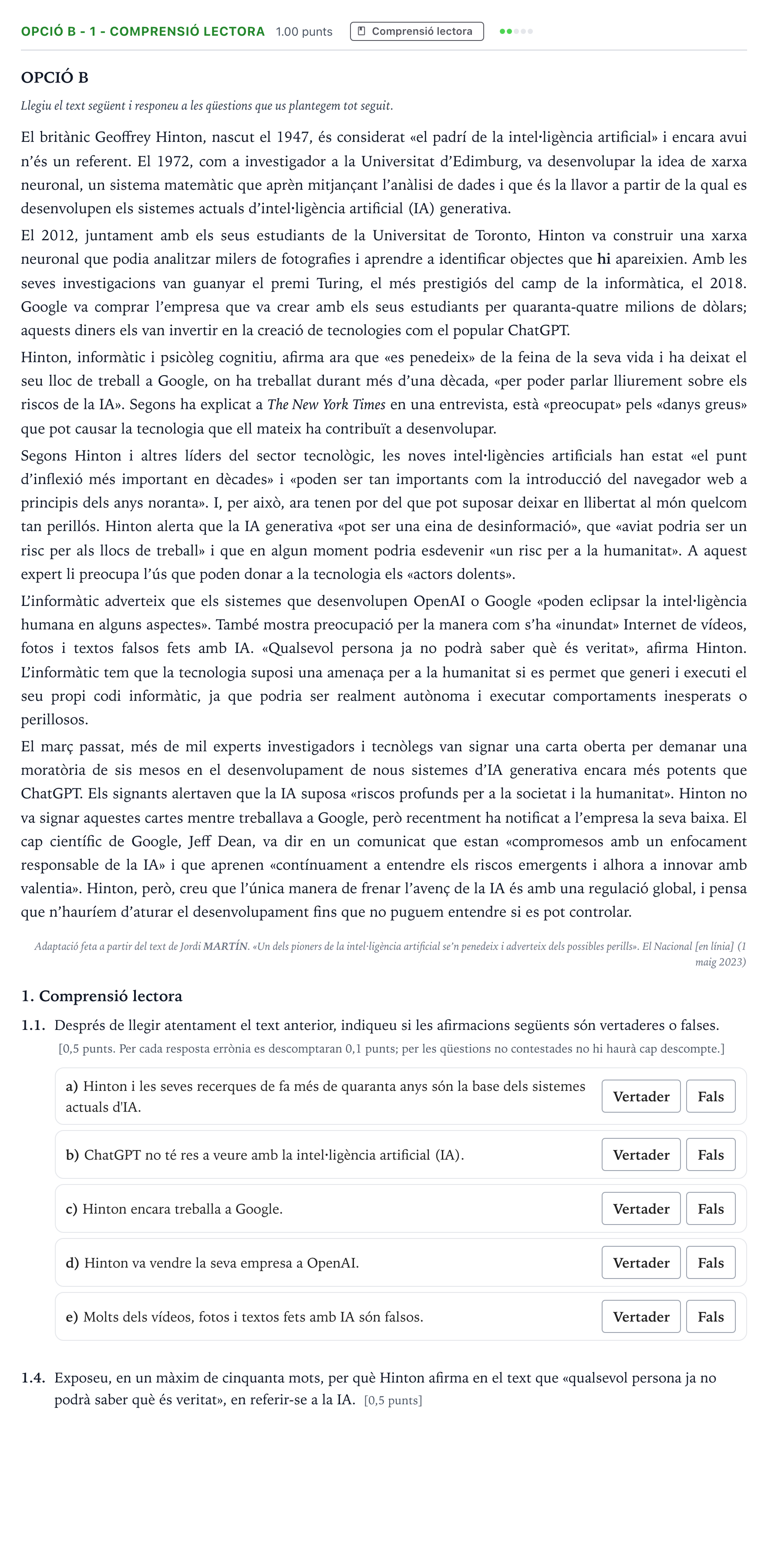Enunciado: Ejercicio Opció B - 1 - Comprensió lectora · Lengua Catalana y Literatura II Selectividad Cataluña Juny Serie 1 2024