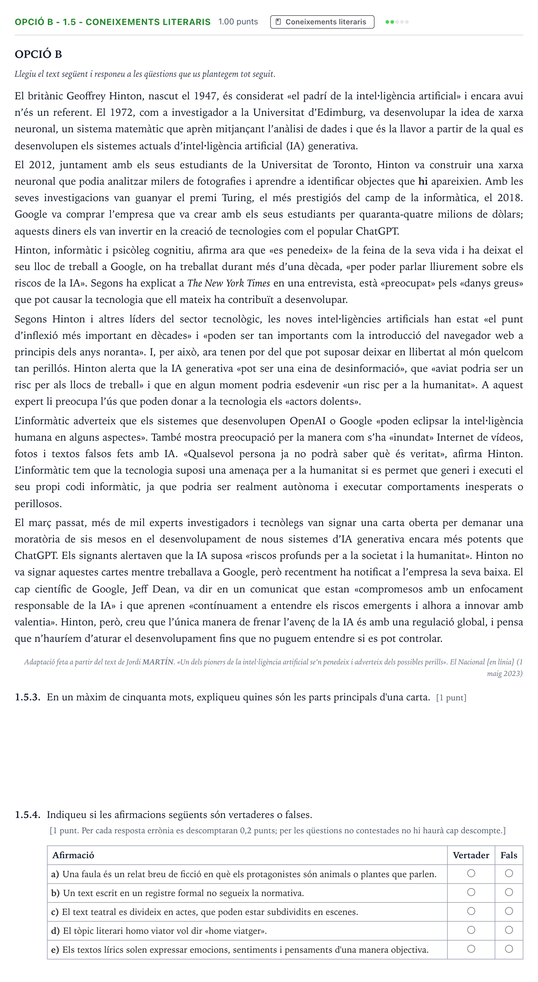 Enunciado: Ejercicio Opció B - 1.5 - Coneixements literaris · Lengua Catalana y Literatura II Selectividad Cataluña Juny Serie 1 2024