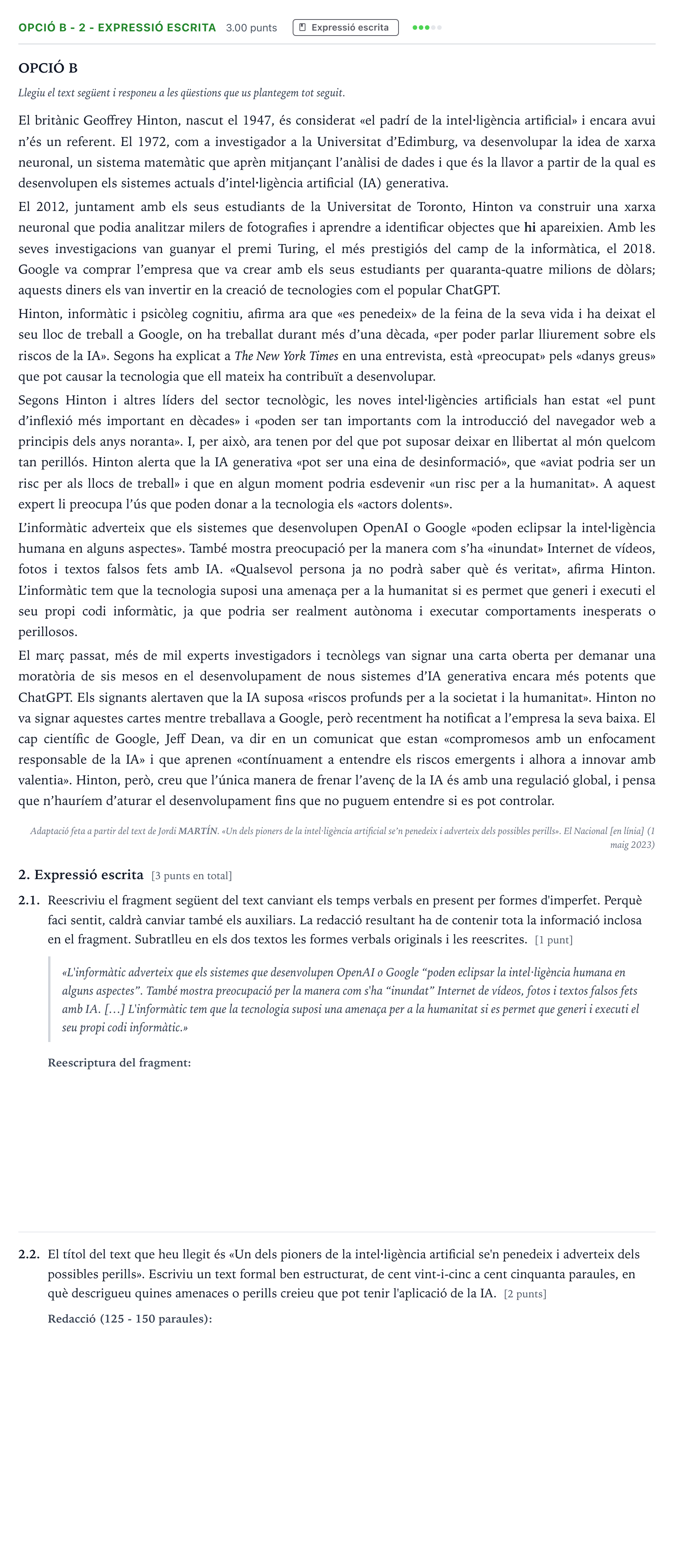 Enunciado: Ejercicio Opció B - 2 - Expressió escrita · Lengua Catalana y Literatura II Selectividad Cataluña Juny Serie 1 2024