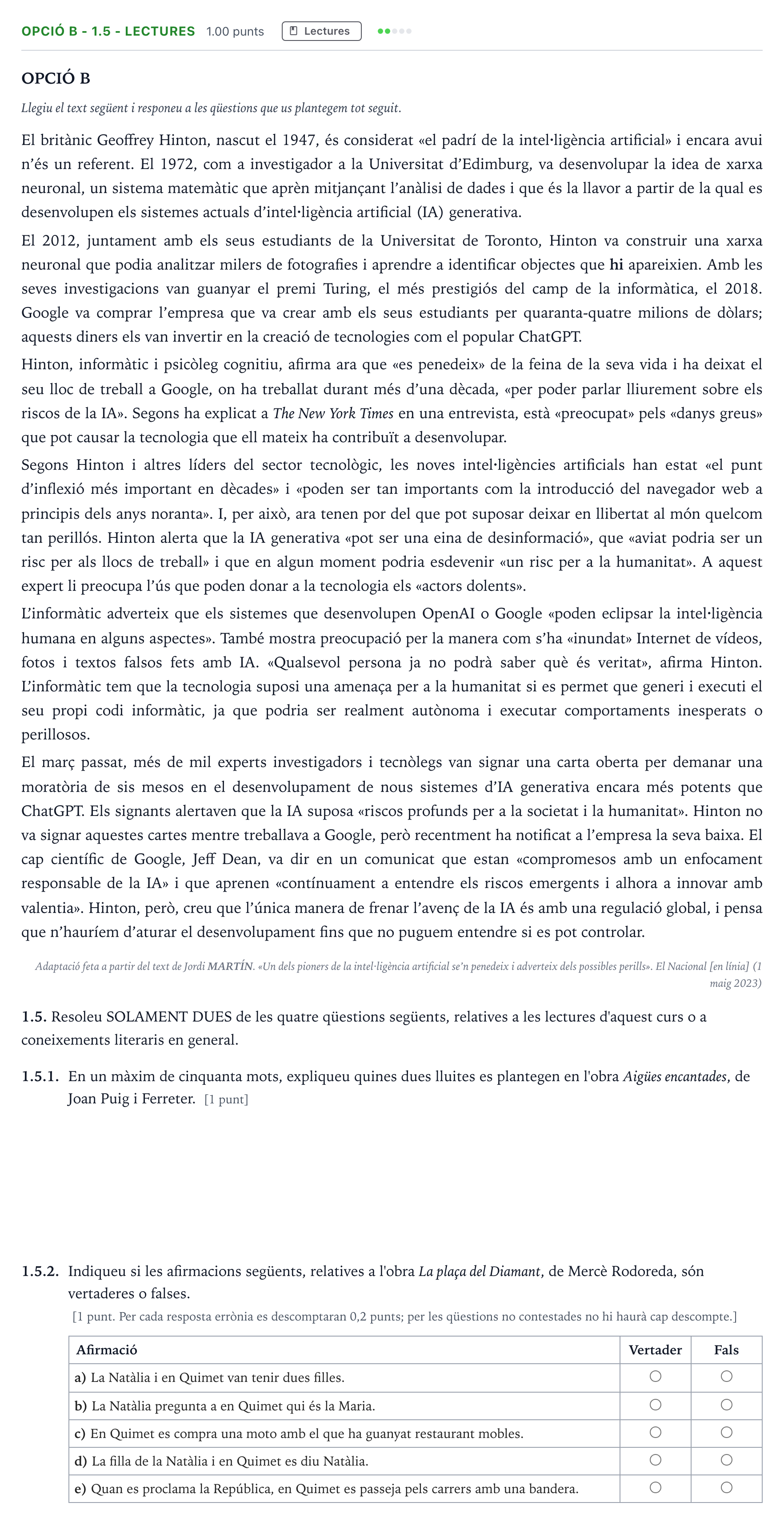 Enunciado: Ejercicio Opció B - 1.5 - Lectures · Lengua Catalana y Literatura II Selectividad Cataluña Juny Serie 1 2024
