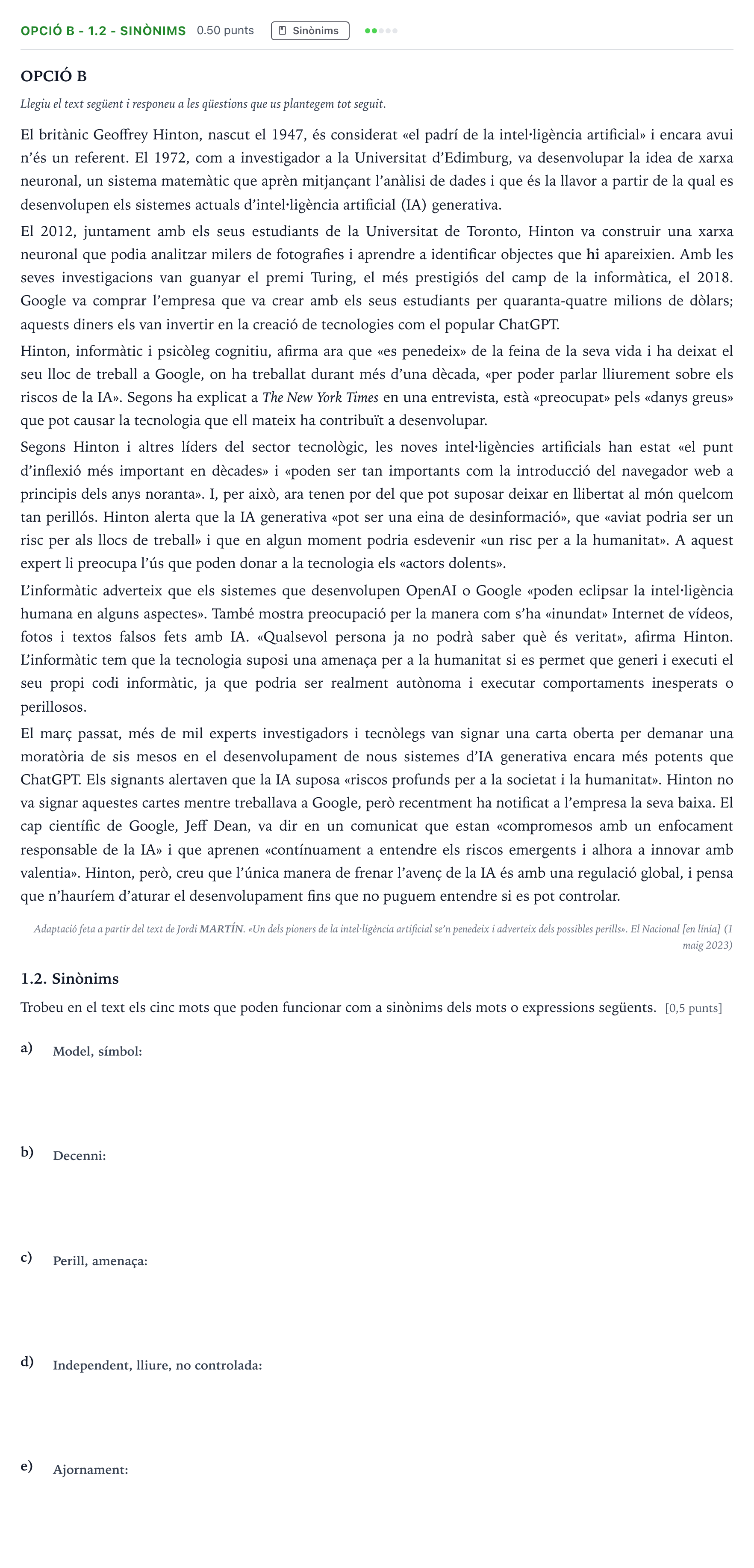 Enunciado: Ejercicio Opció B - 1.2 - Sinònims · Lengua Catalana y Literatura II Selectividad Cataluña Juny Serie 1 2024