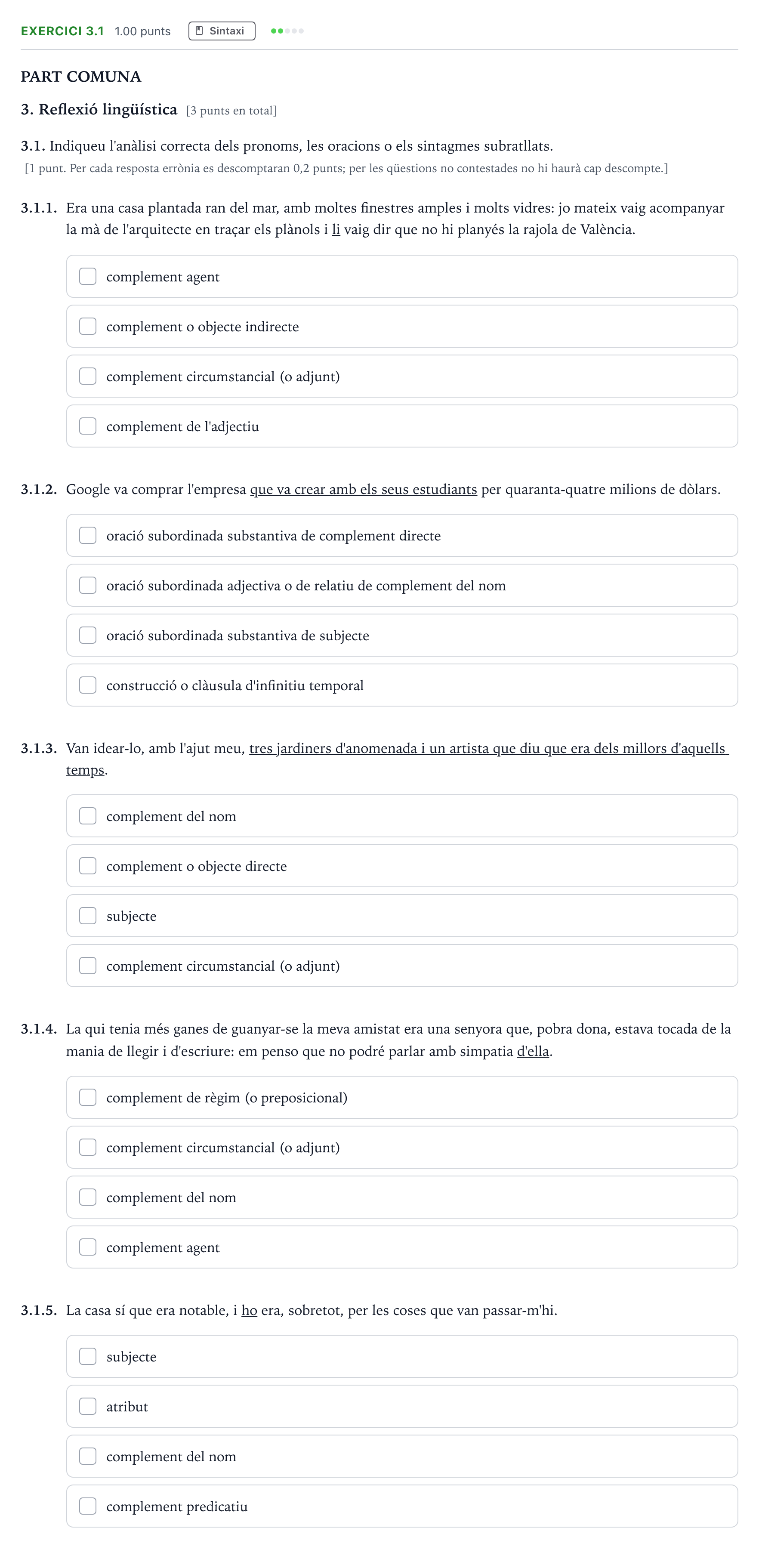 Enunciado: Ejercicio 3.1 - Sintaxi · Lengua Catalana y Literatura II Selectividad Cataluña Juny Serie 1 2024
