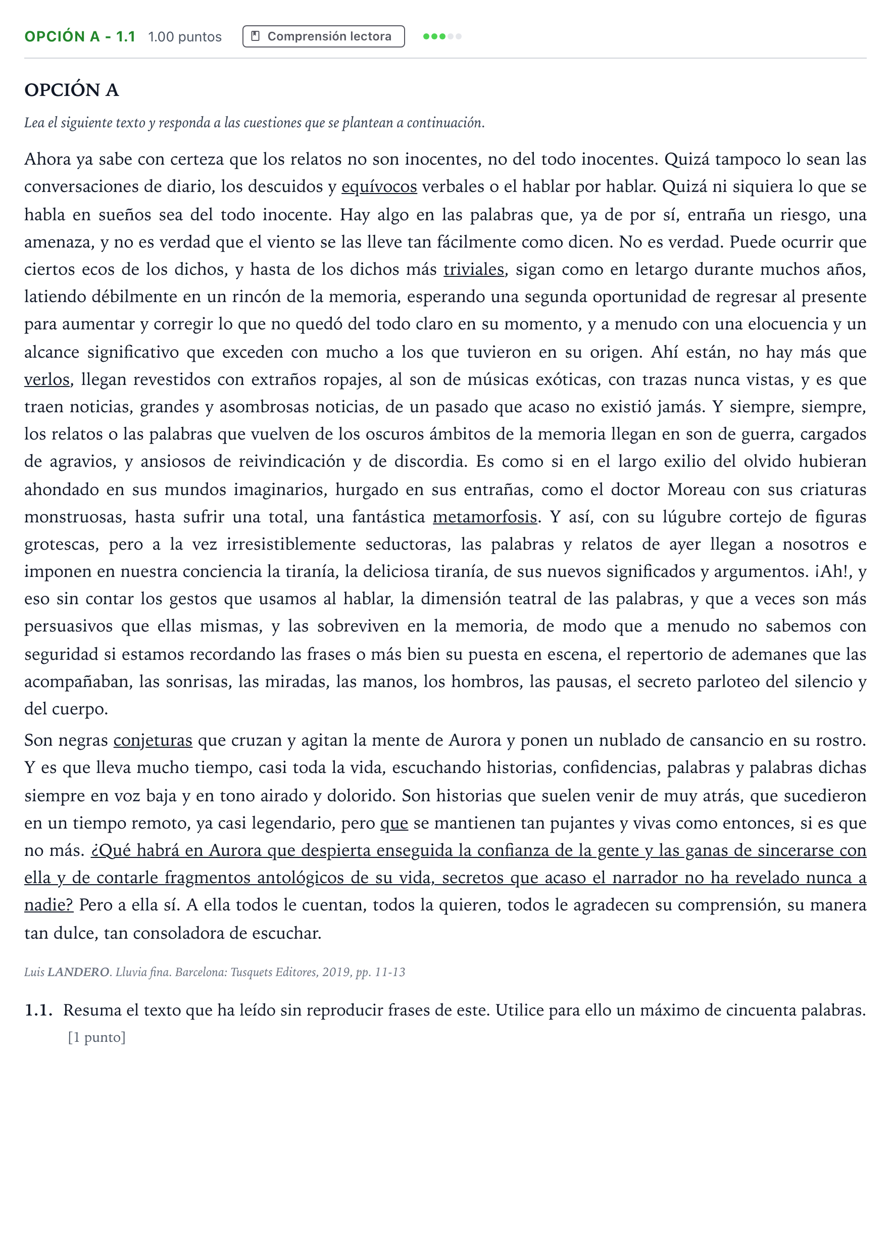 Enunciado: Opción A - 1.1 · Lengua Castellana y Literatura II Selectividad Cataluña Setembre Serie 3 2024