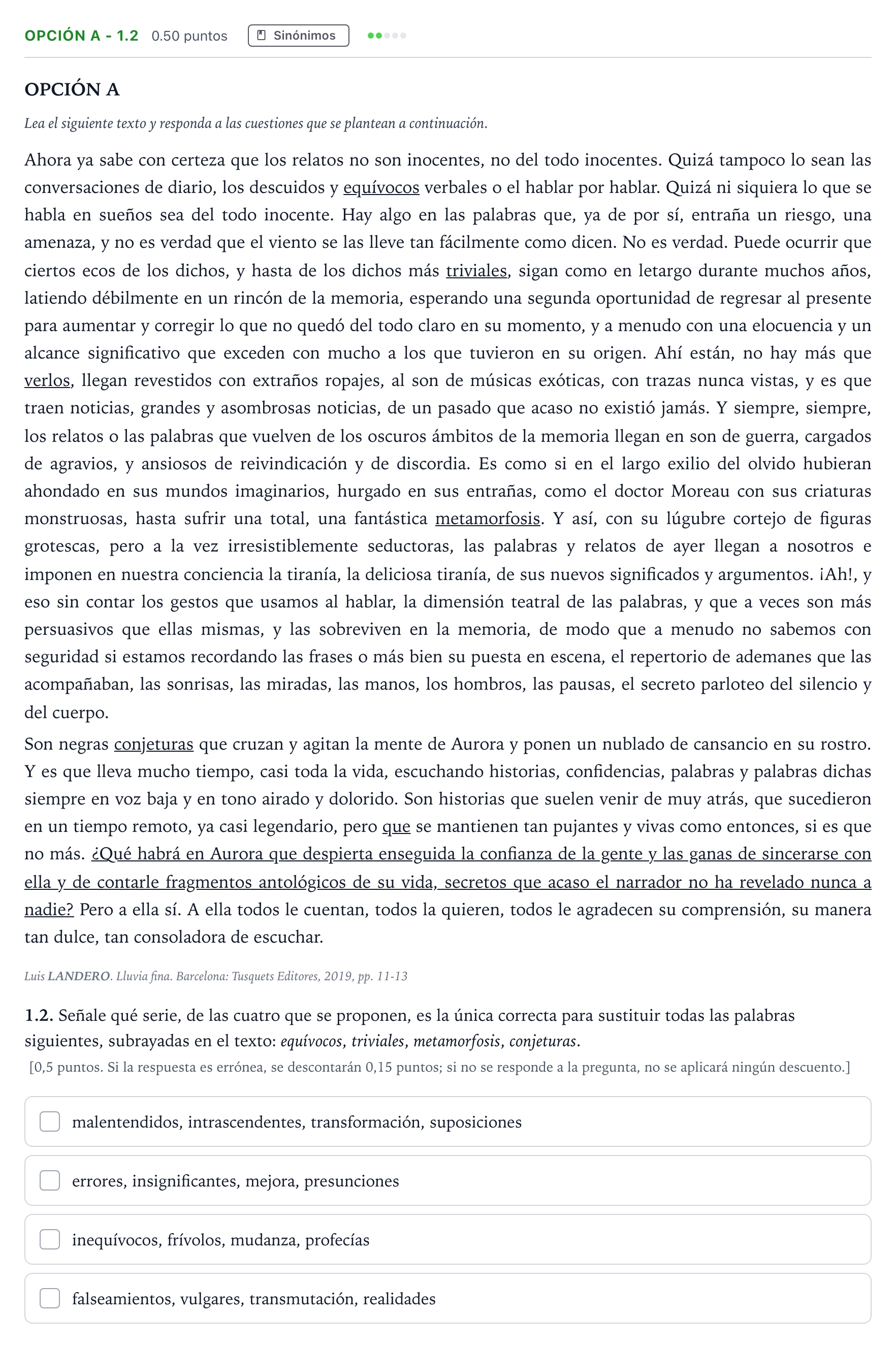 Enunciado: Opción A - 1.2 · Lengua Castellana y Literatura II Selectividad Cataluña Setembre Serie 3 2024