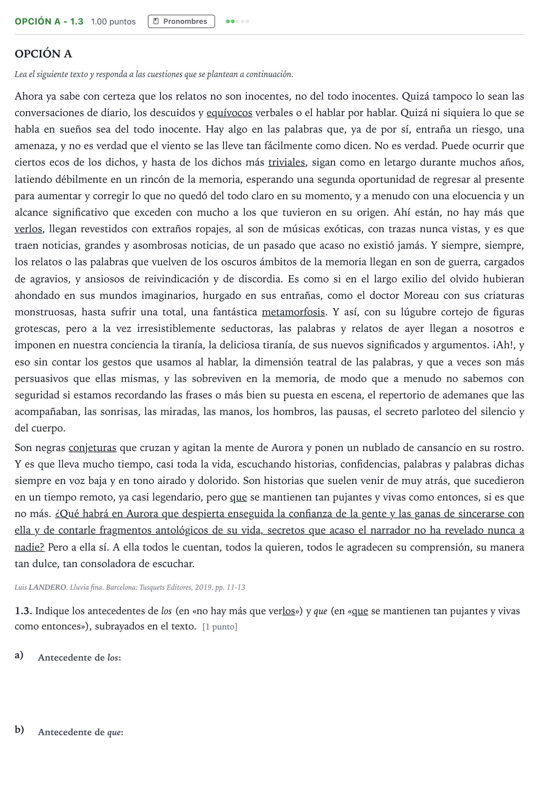 Enunciado: Opción A - 1.3 · Lengua Castellana y Literatura II Selectividad Cataluña Setembre Serie 3 2024