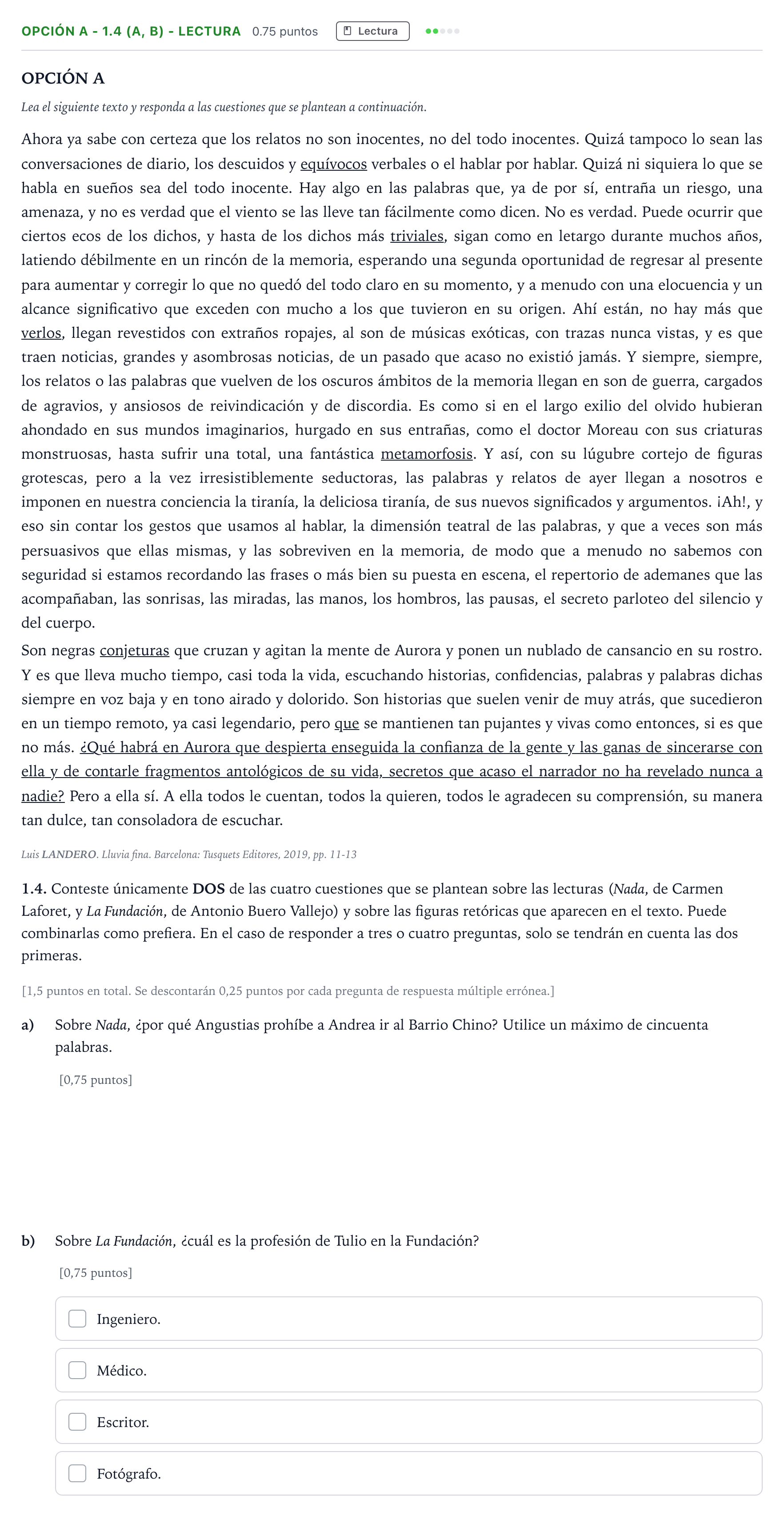Enunciado: Opción A - 1.4 (a, b) - Lectura · Lengua Castellana y Literatura II Selectividad Cataluña Setembre Serie 3 2024