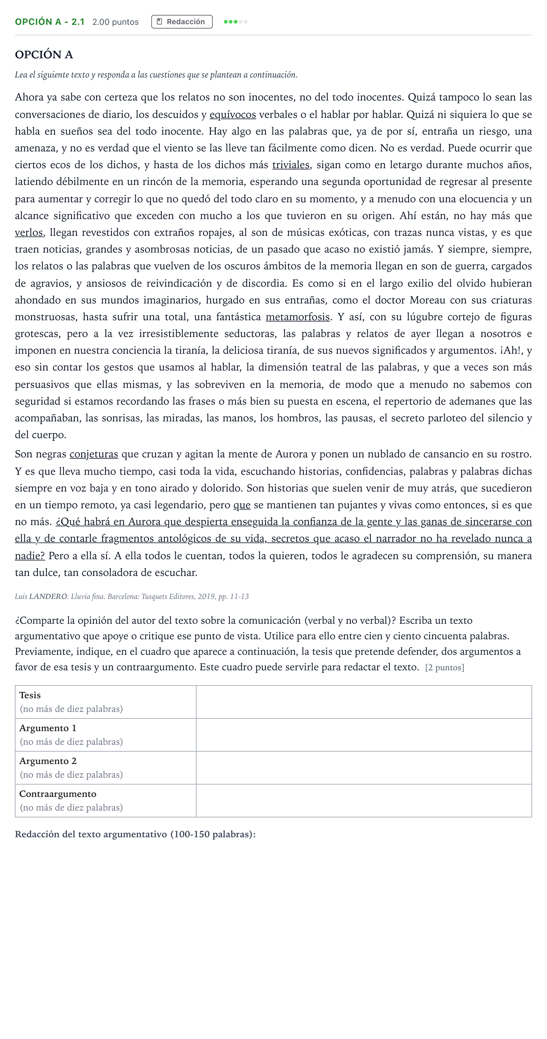 Enunciado: Opción A - 2.1 · Lengua Castellana y Literatura II Selectividad Cataluña Setembre Serie 3 2024
