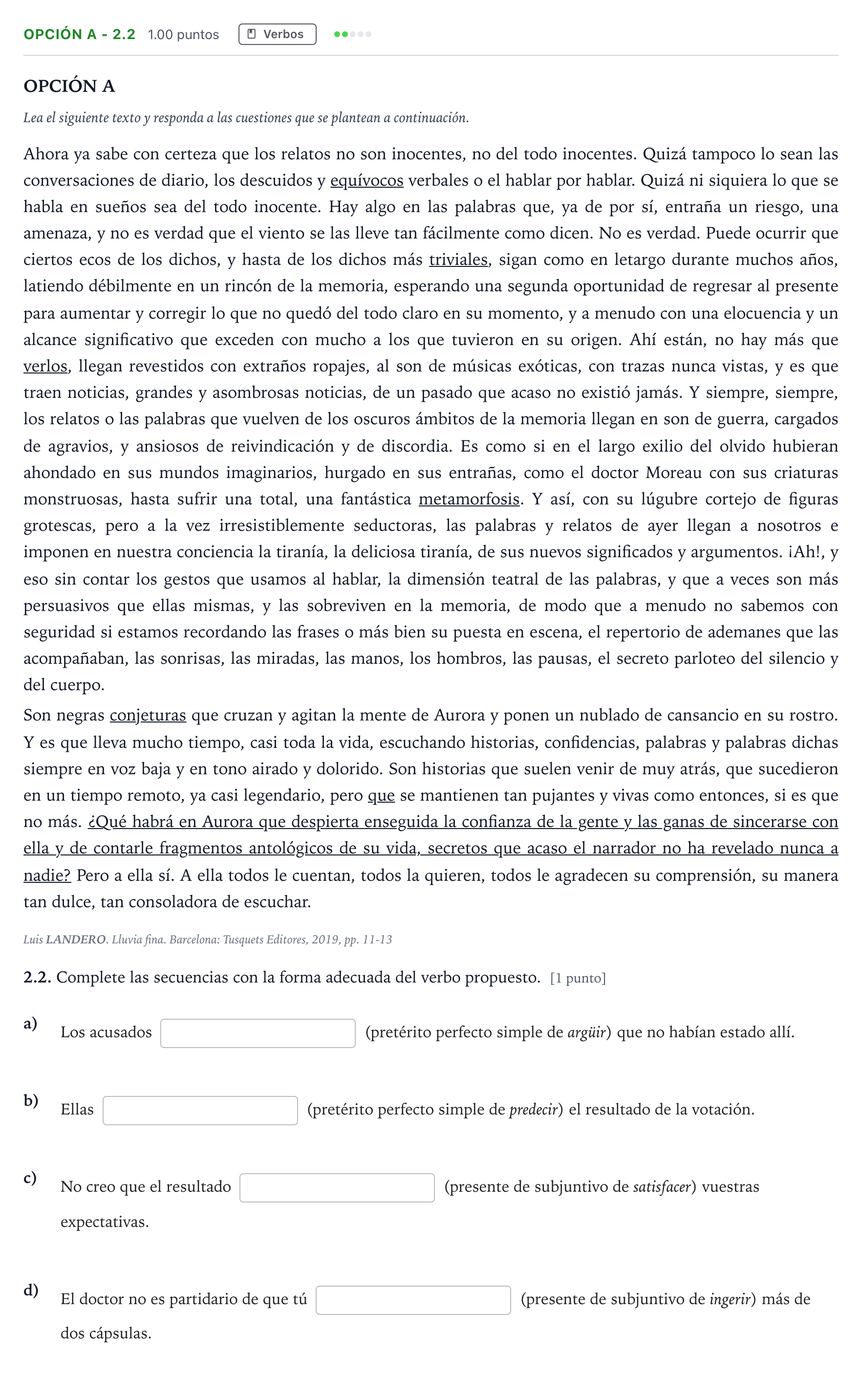 Enunciado: Opción A - 2.2 · Lengua Castellana y Literatura II Selectividad Cataluña Setembre Serie 3 2024