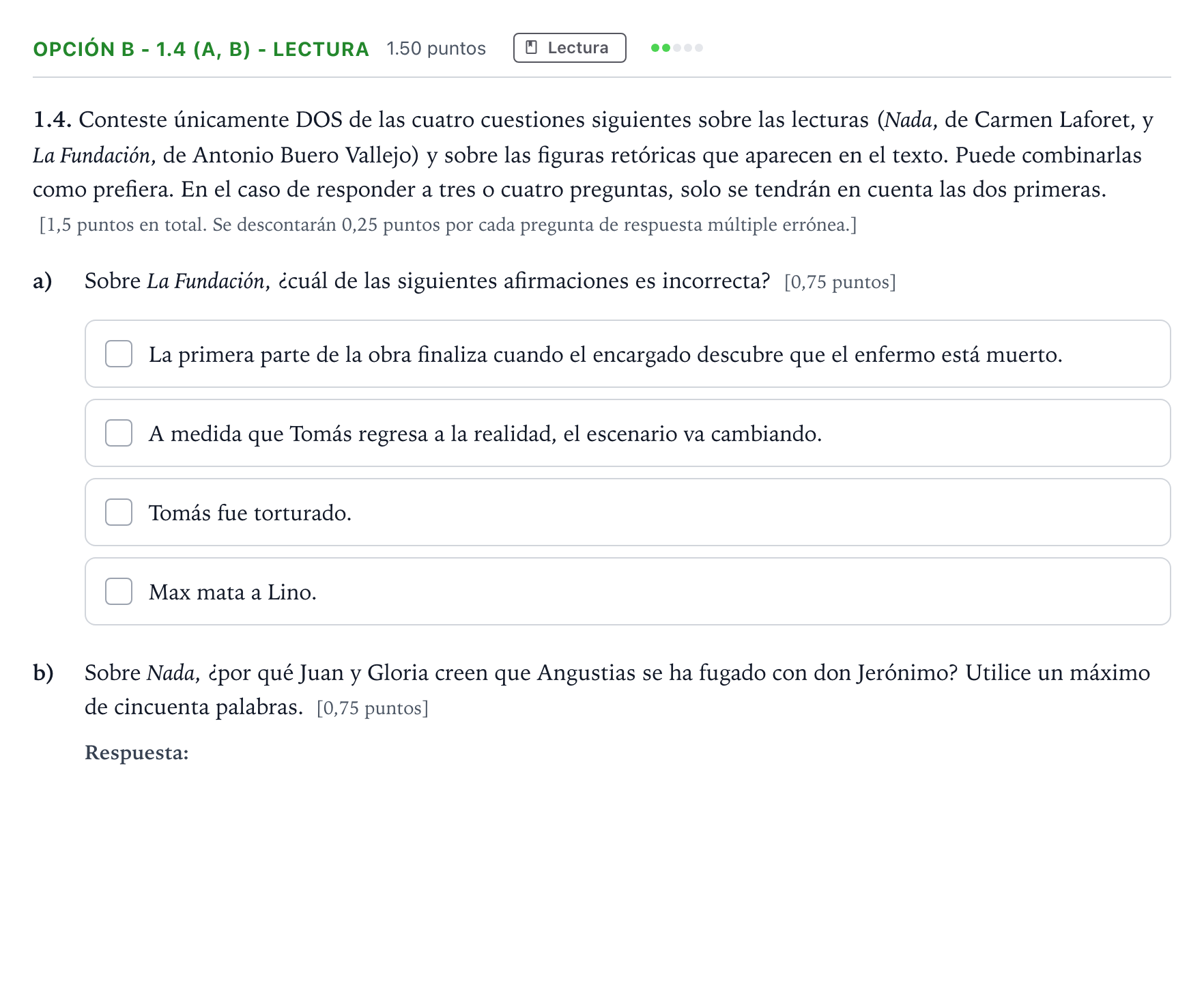 Enunciado: Opción B - 1.4 (a, b) - Lectura · Lengua Castellana y Literatura II Selectividad Cataluña Setembre Serie 3 2024