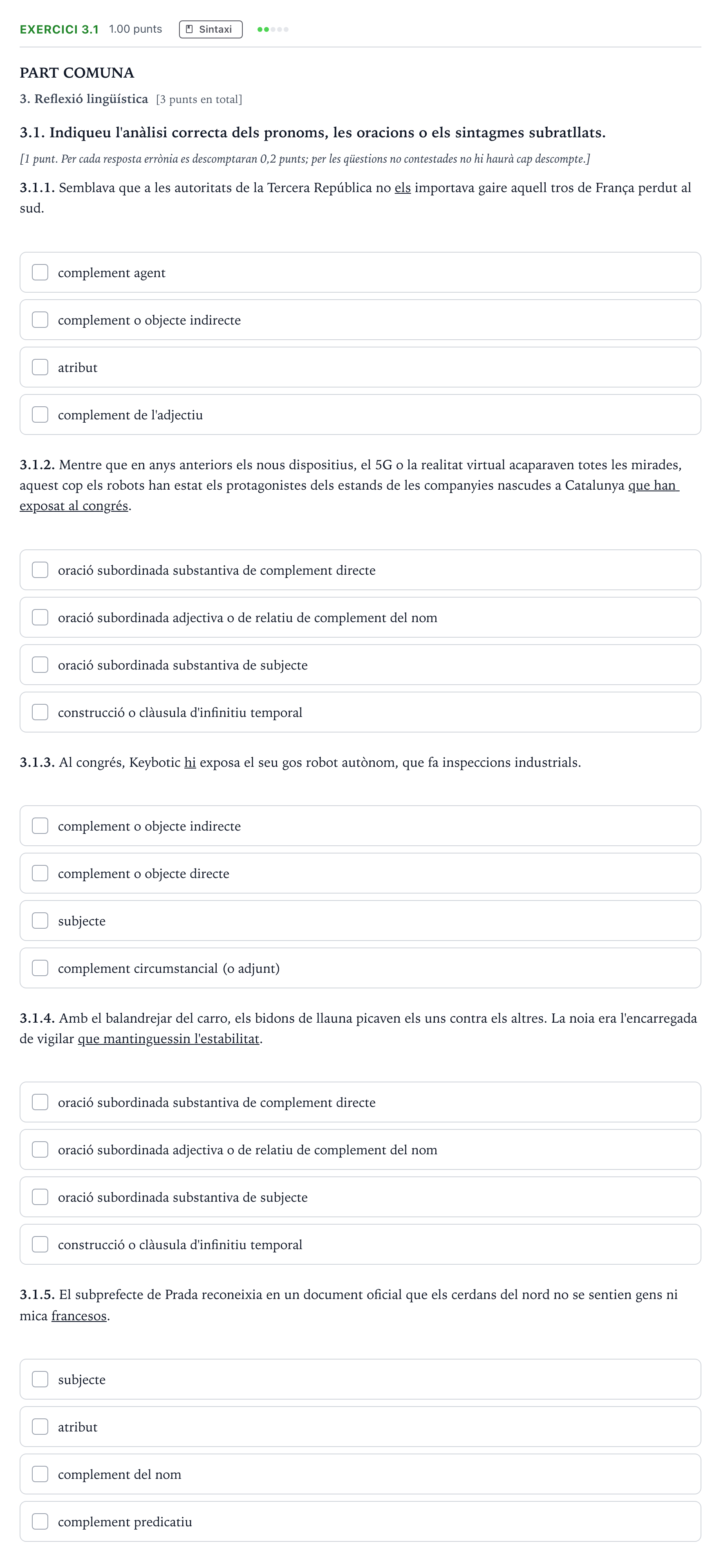 Enunciado: Ejercicio 3.1 - Sintaxi · Lengua Catalana y Literatura II Selectividad Cataluña Juny Serie 5 2024