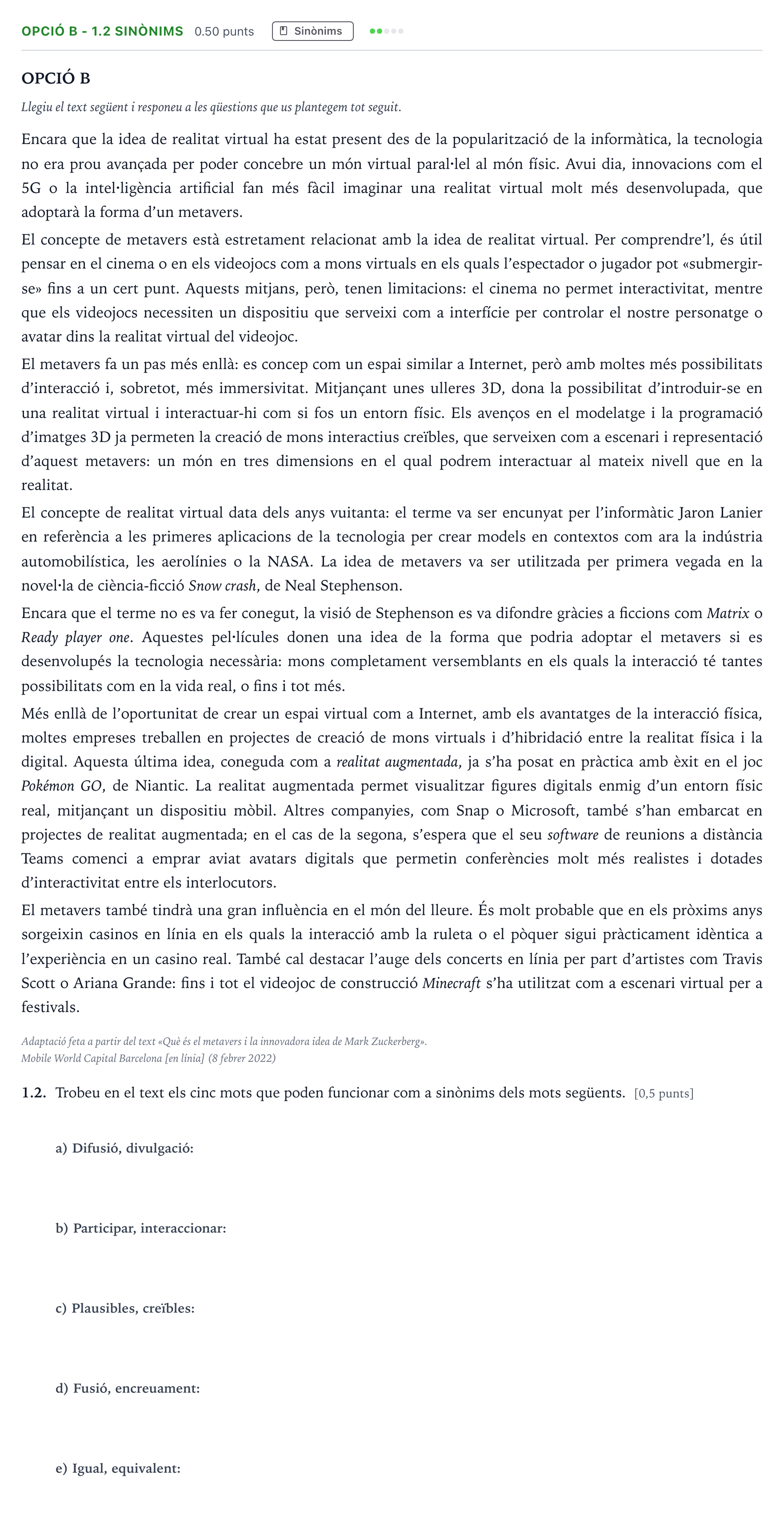 Enunciado: Ejercicio Opció B - 1.2 Sinònims · Lengua Catalana y Literatura II Selectividad Cataluña Setembre Serie 3 2024