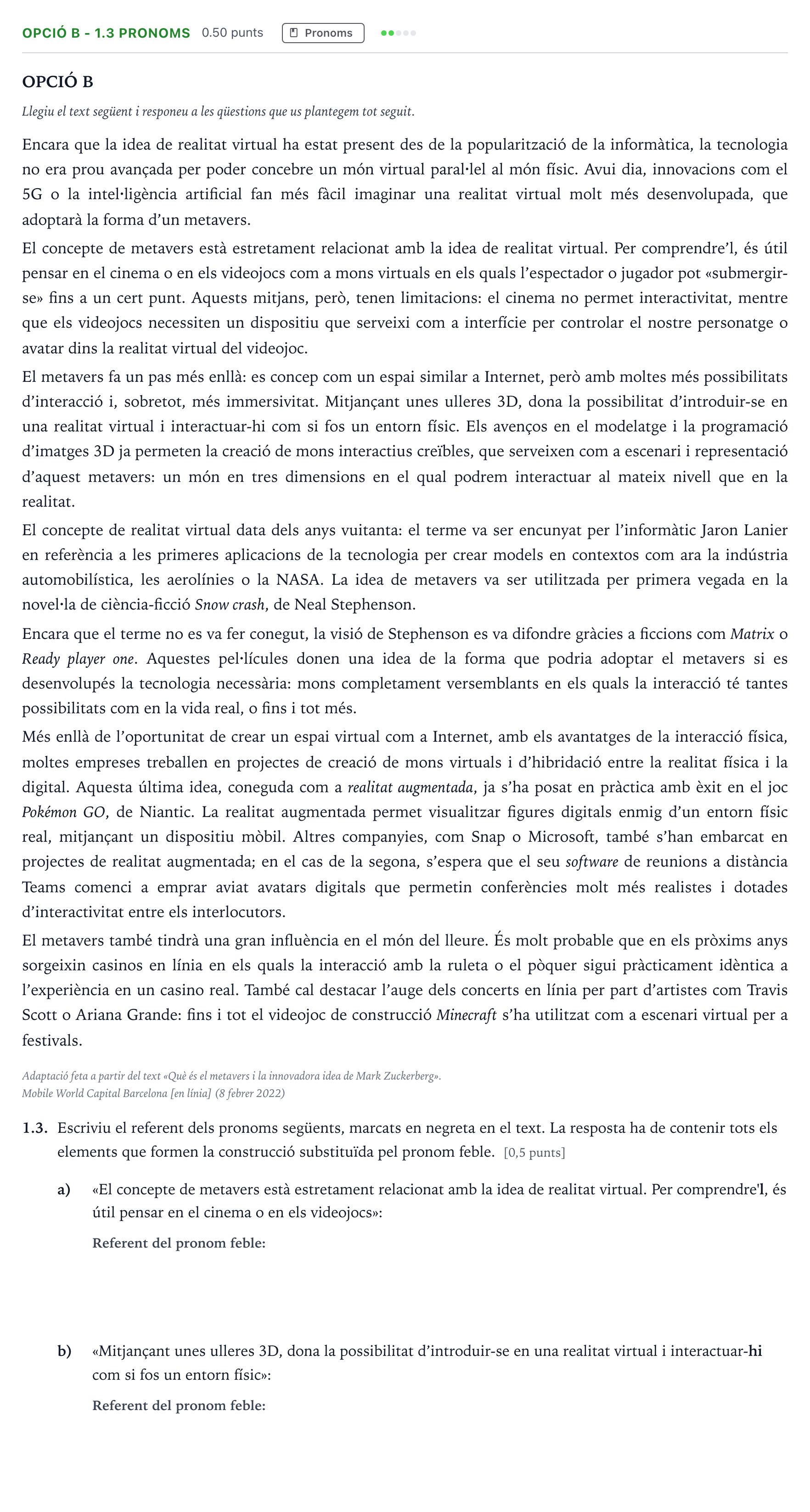 Enunciado: Ejercicio Opció B - 1.3 Pronoms · Lengua Catalana y Literatura II Selectividad Cataluña Setembre Serie 3 2024