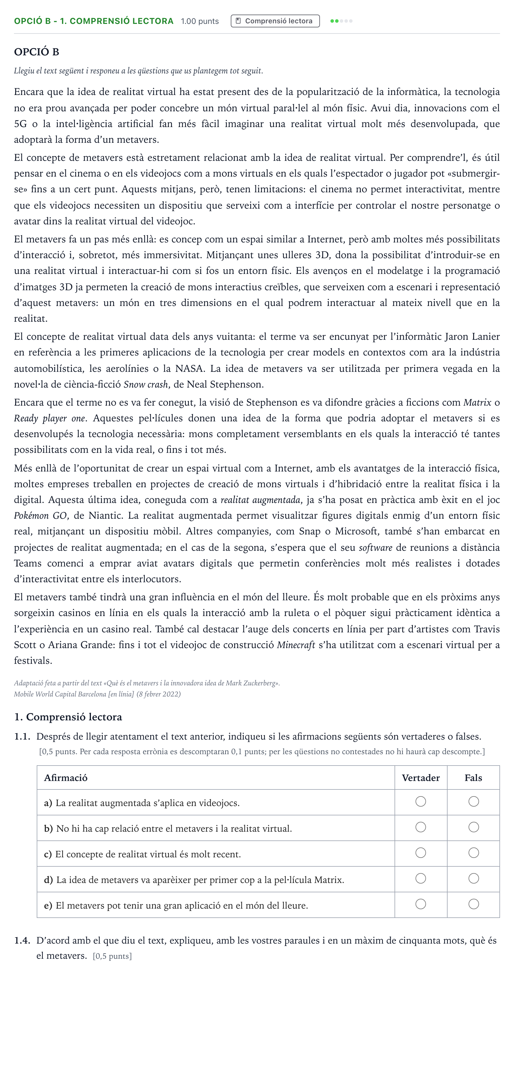 Enunciado: Ejercicio Opció B - 1. Comprensió lectora · Lengua Catalana y Literatura II Selectividad Cataluña Setembre Serie 3 2024