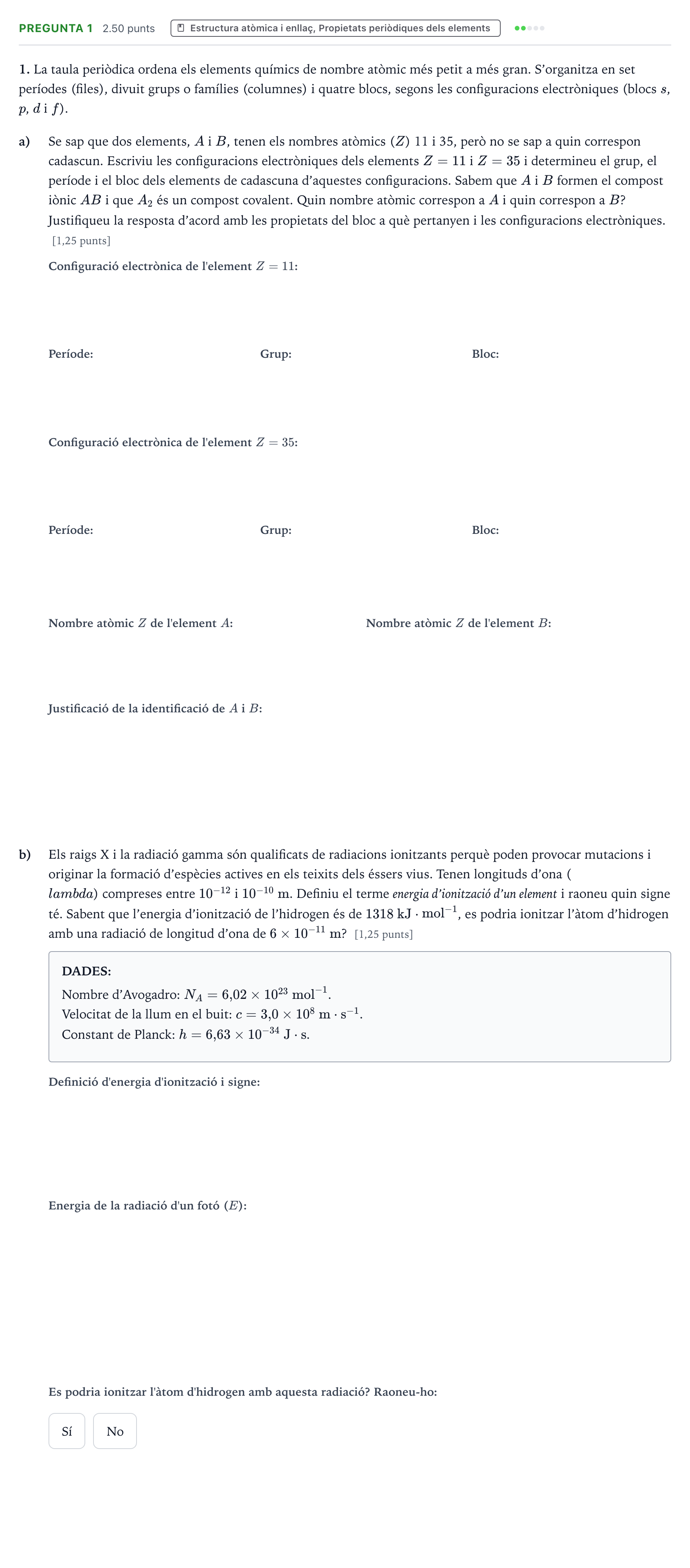 Enunciado: Pregunta 1 · Química Selectividad Cataluña Juny Serie 1 2024