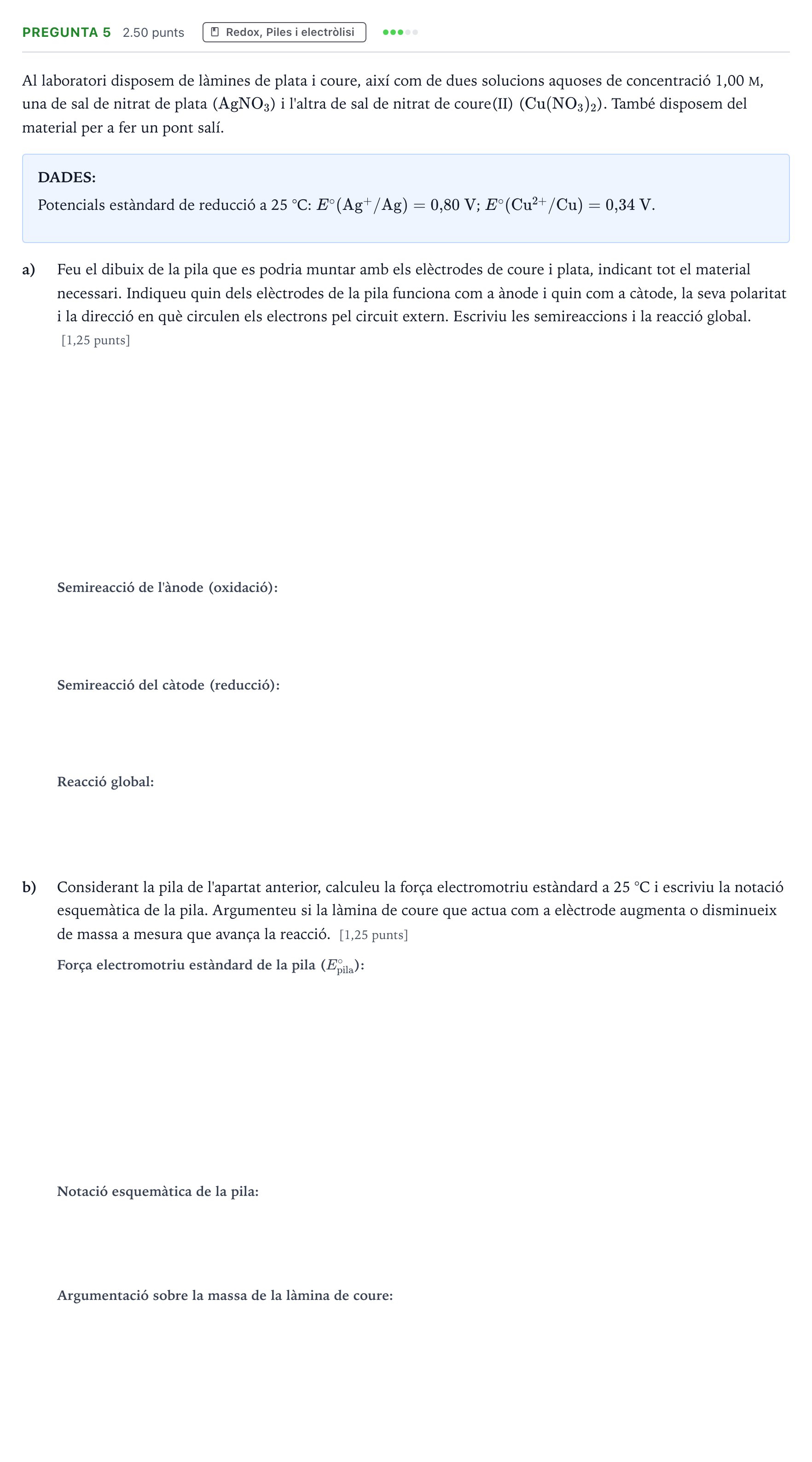 Enunciado: Pregunta 5 · Química Selectividad Cataluña Juny Serie 1 2024