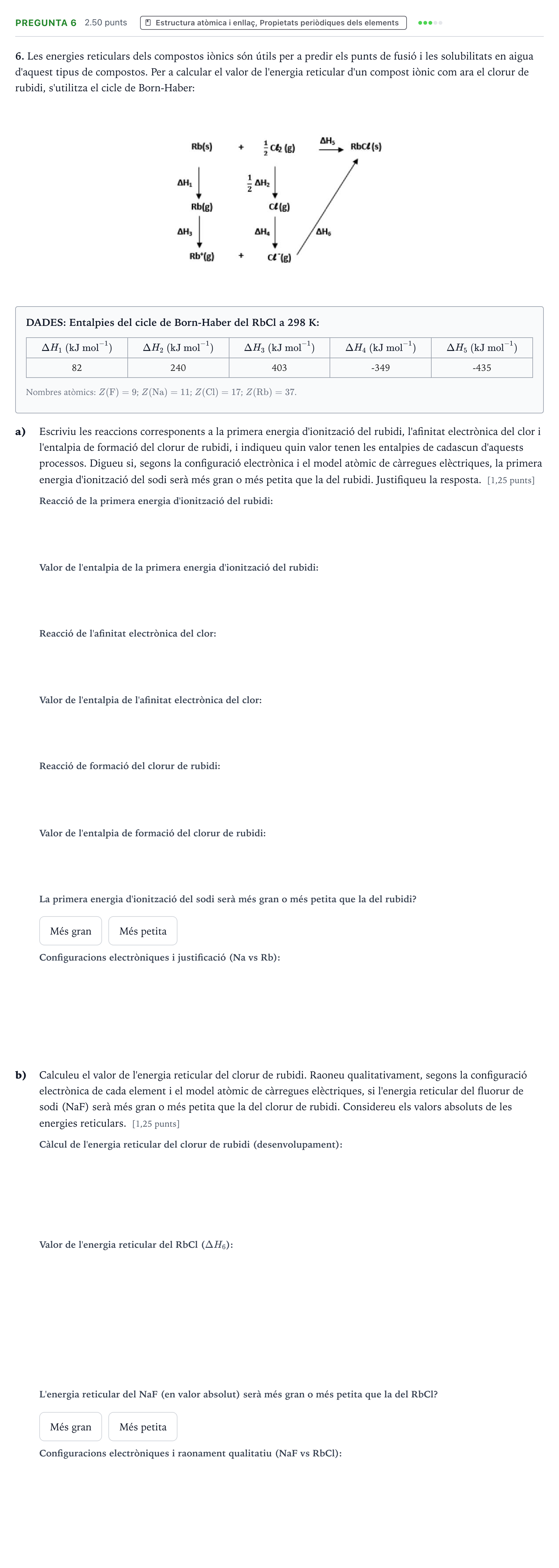 Enunciado: Pregunta 6 · Química Selectividad Cataluña Juny Serie 1 2024