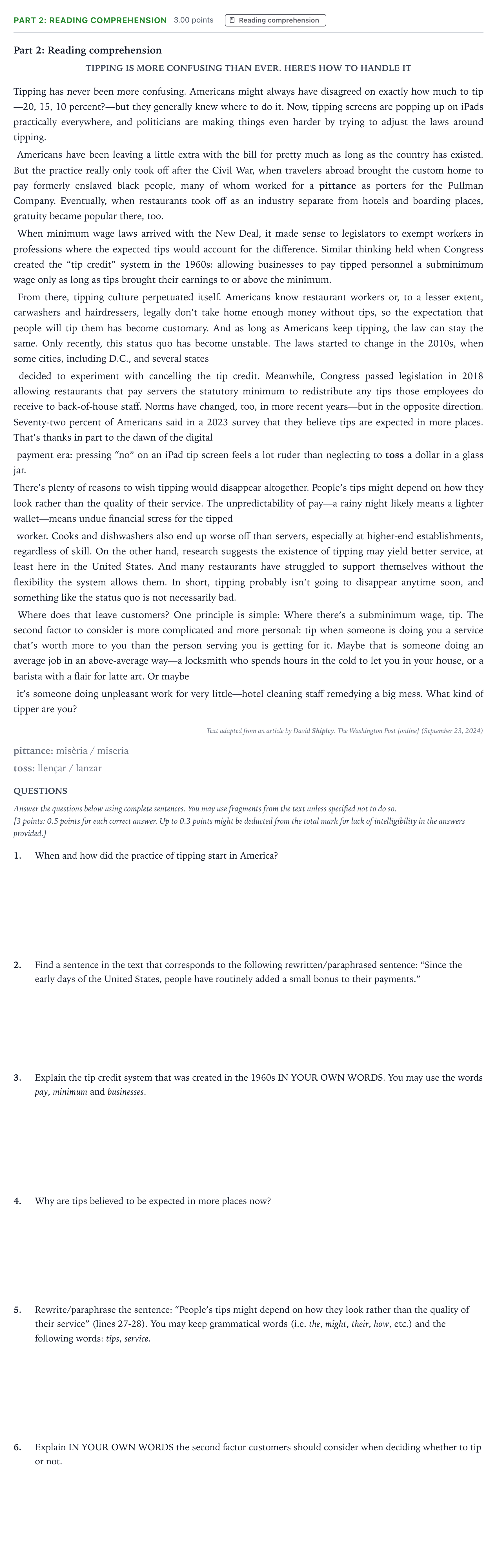 Enunciado: Part 2: Reading comprehension · Inglés Selectividad Cataluña Juny Serie 1 2025