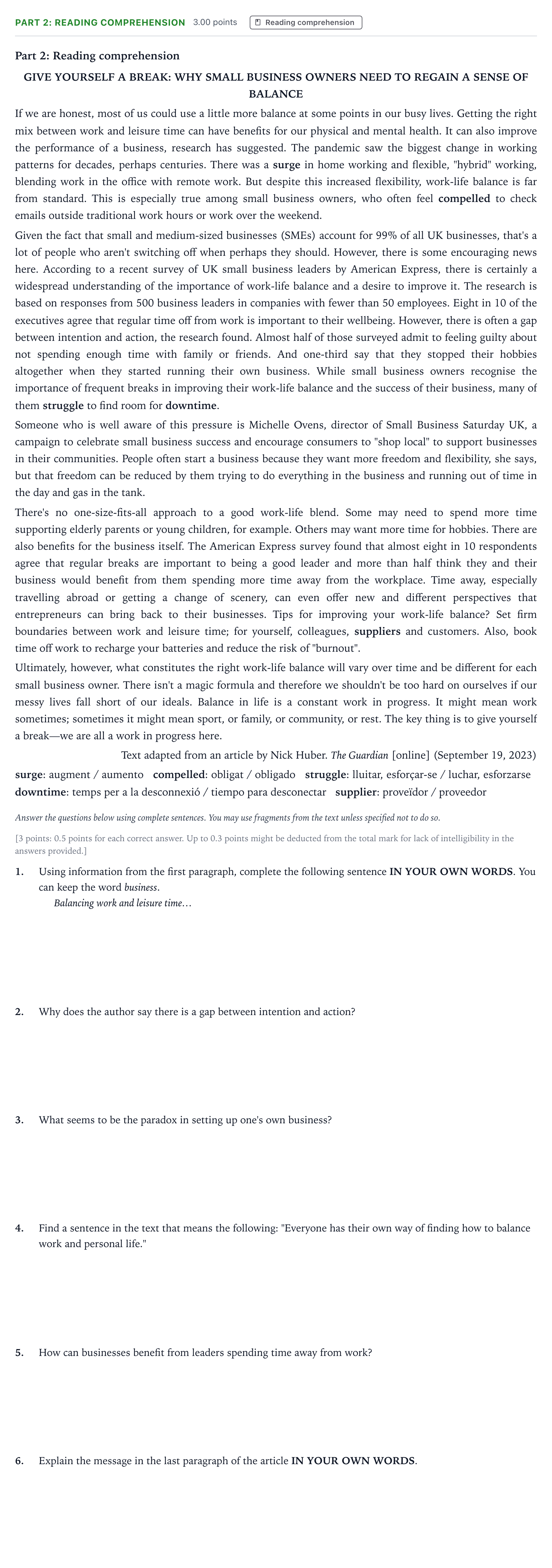 Enunciado: Part 2: Reading comprehension · Inglés Selectividad Cataluña Setembre Serie 3 2025