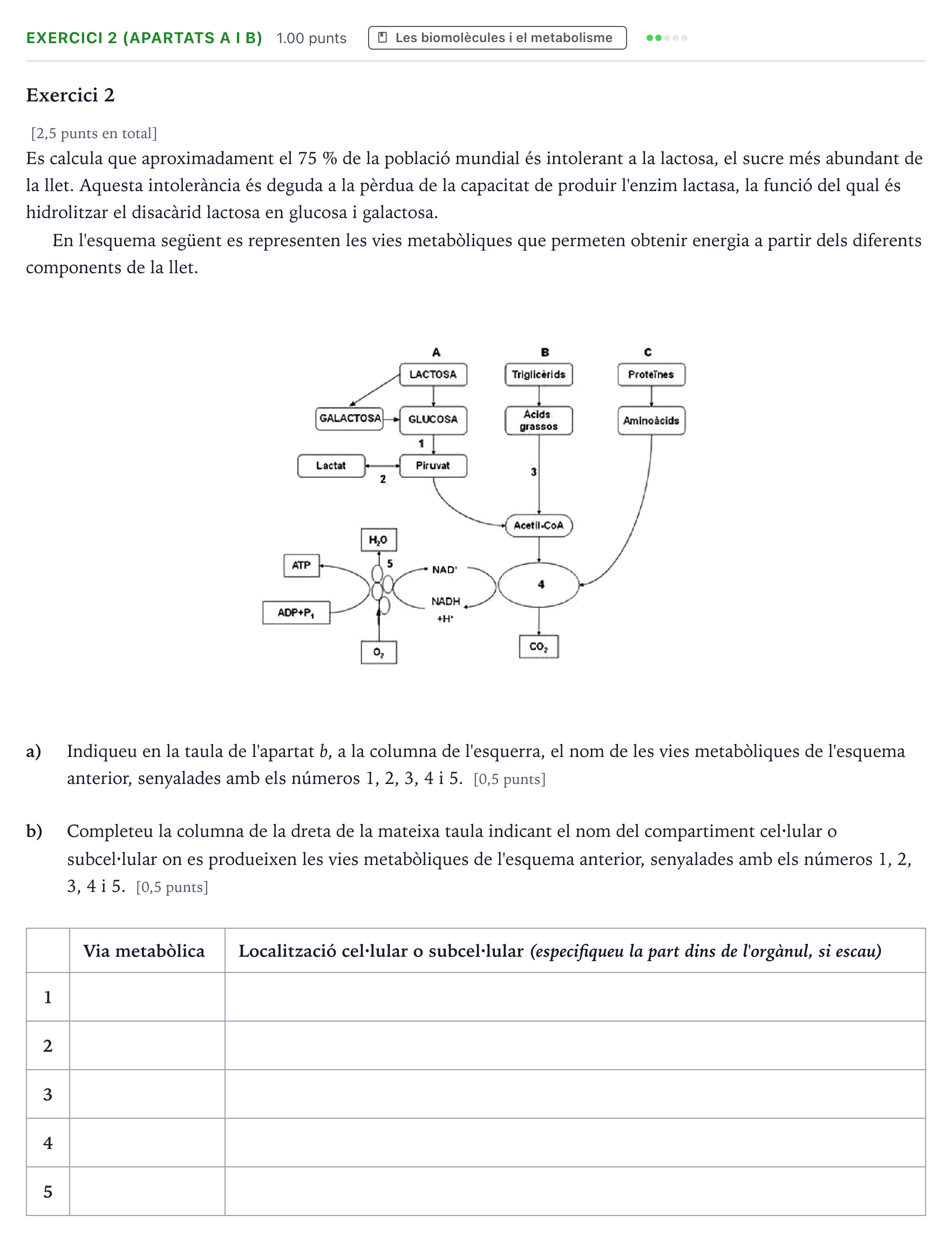 Enunciado: Exercici 2 (apartats a i b) · Biología Selectividad Cataluña Juny Serie 1 2025
