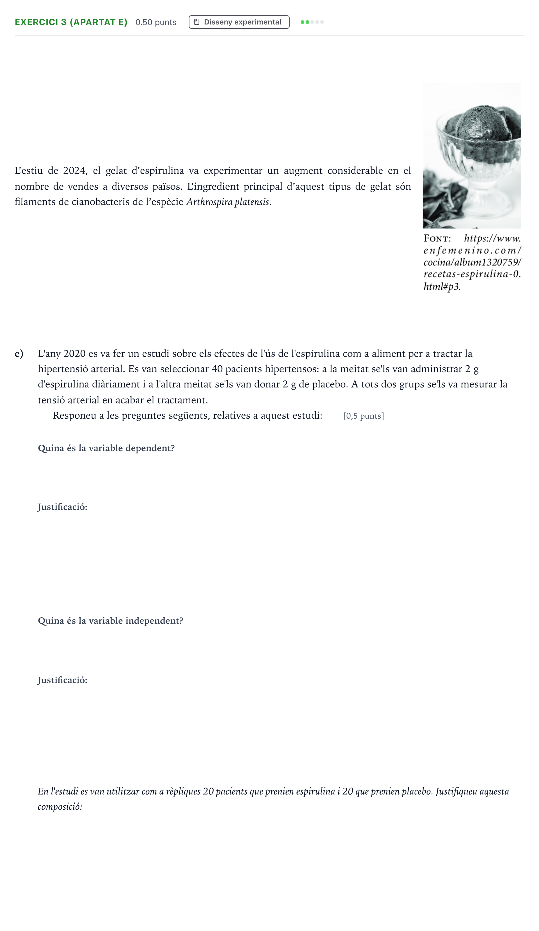 Enunciado: Exercici 3 (apartat e) · Biología Selectividad Cataluña Juny Serie 1 2025