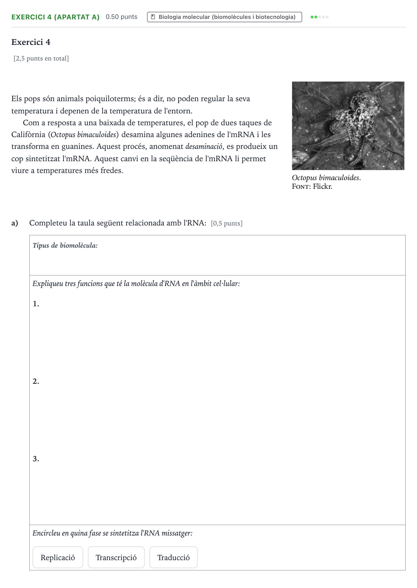 Enunciado: Exercici 4 (apartat a) · Biología Selectividad Cataluña Juny Serie 1 2025