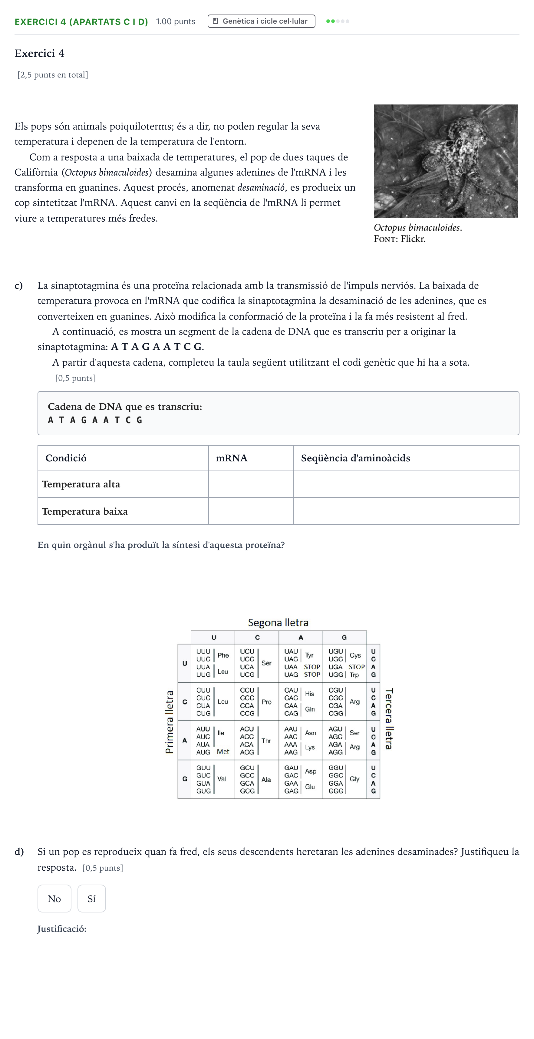 Enunciado: Exercici 4 (apartats c i d) · Biología Selectividad Cataluña Juny Serie 1 2025