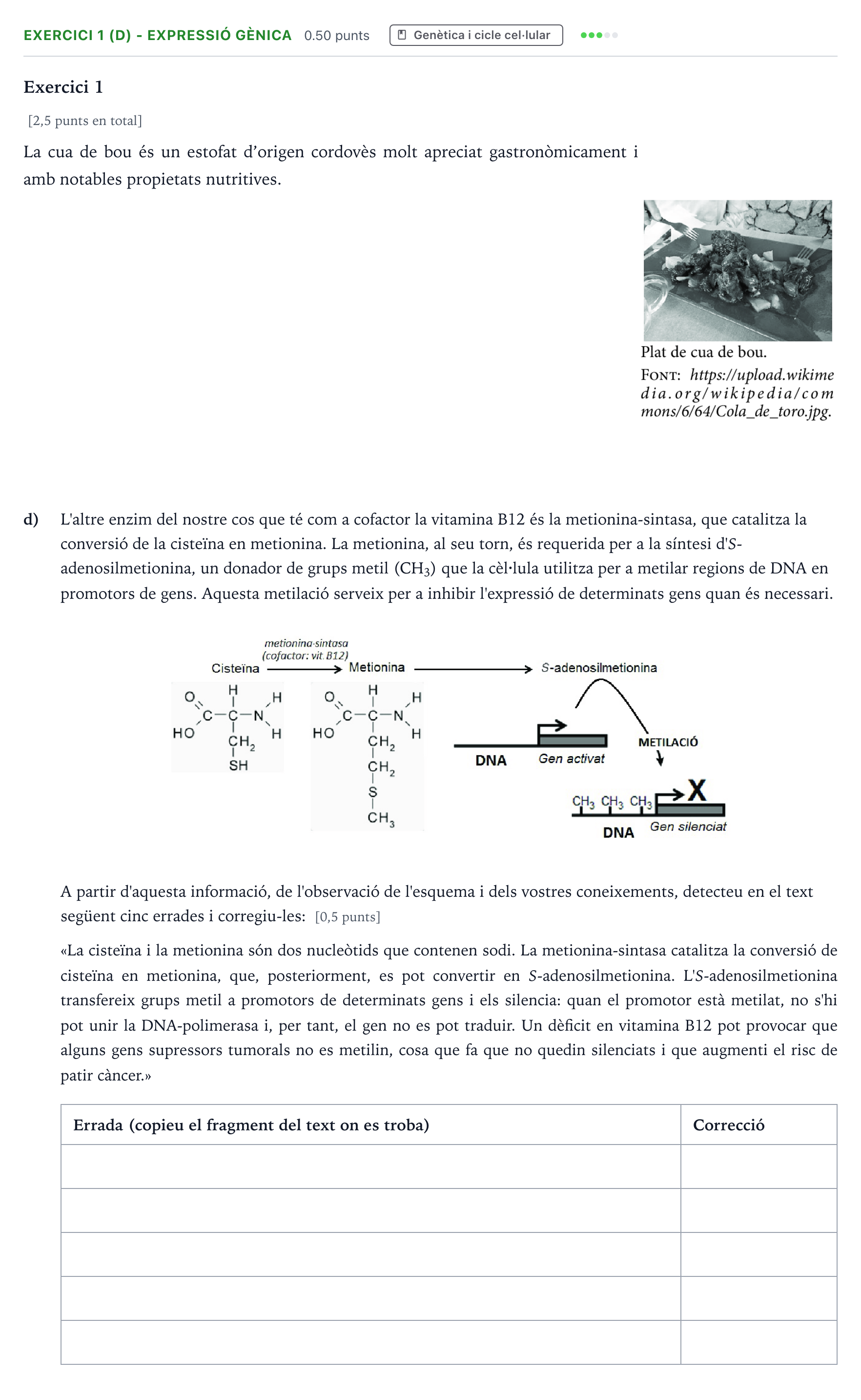 Enunciado: Exercici 1 (d) - Expressió gènica · Biología Selectividad Cataluña Juny Serie 4 2025