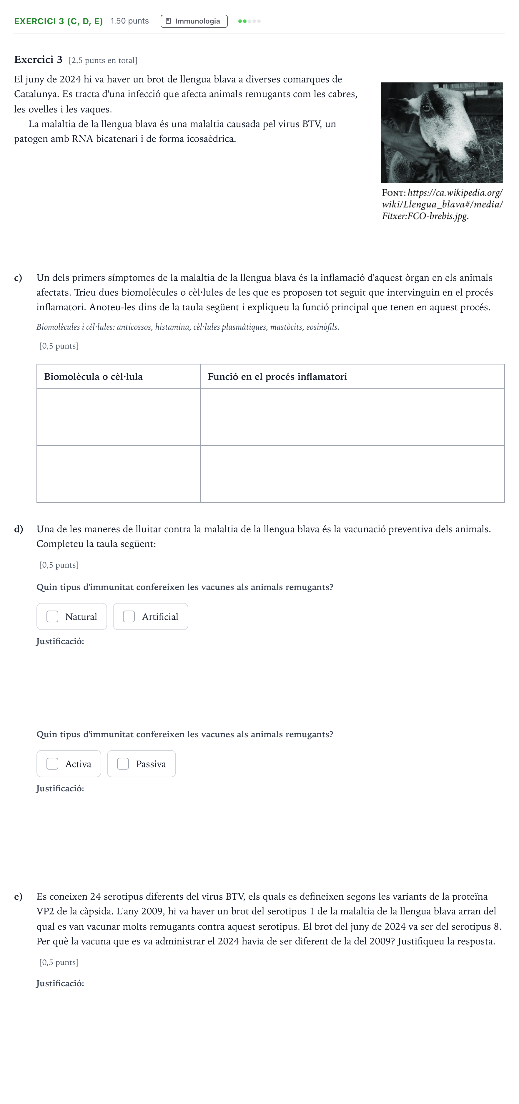 Enunciado: Exercici 3 (c, d, e) - Immunologia · Biología Selectividad Cataluña Juny Serie 4 2025
