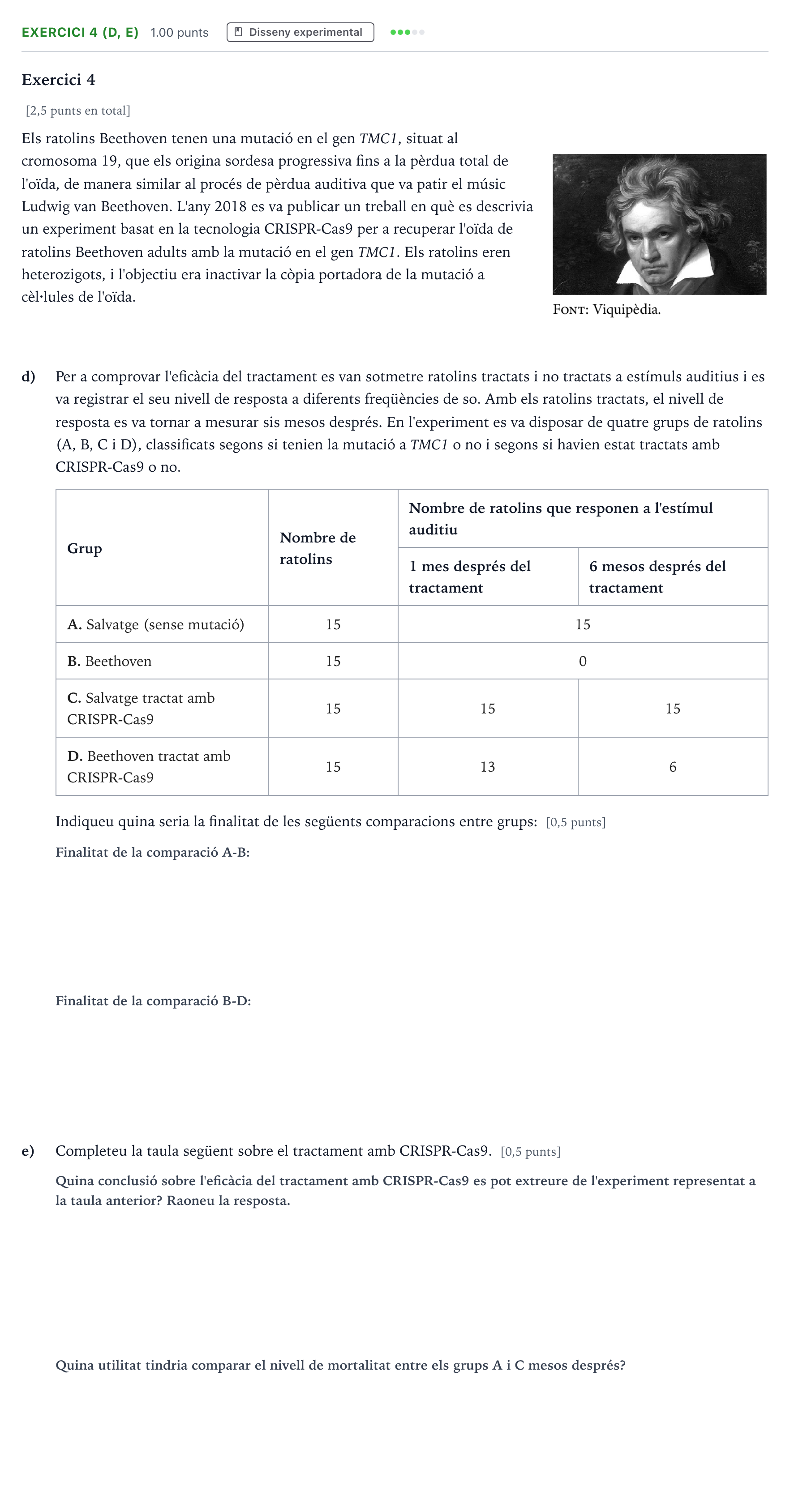 Enunciado: Exercici 4 (d, e) - Disseny experimental · Biología Selectividad Cataluña Juny Serie 4 2025