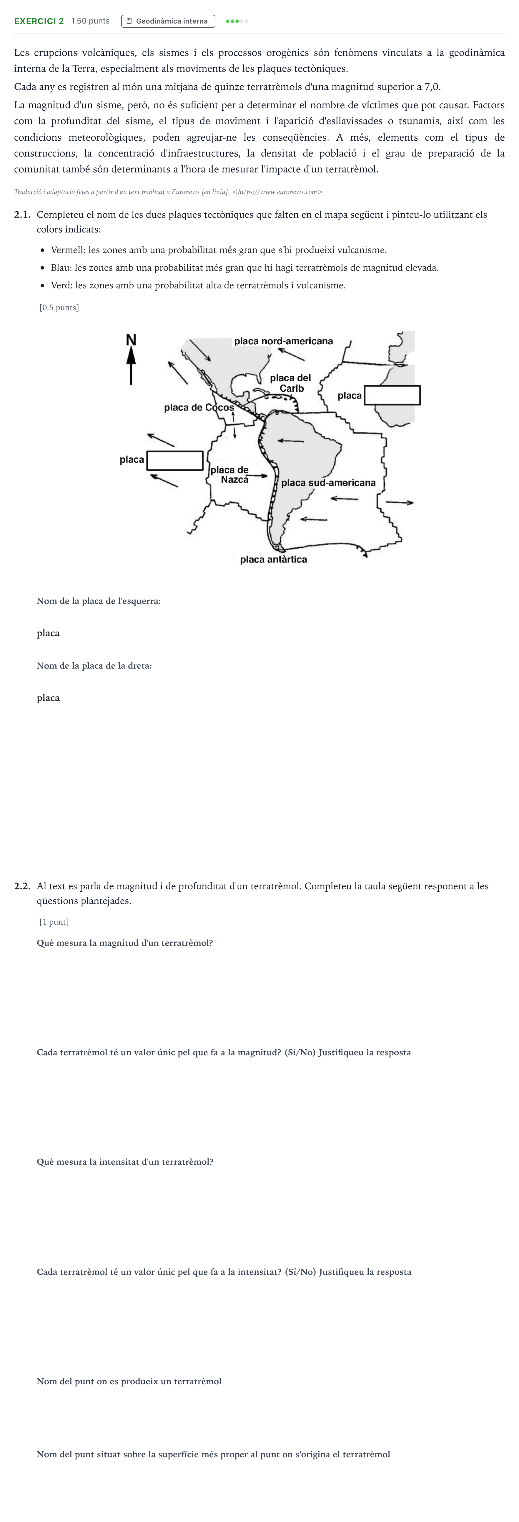 Enunciado: Ejercicio 2 - Geodinàmica interna · Ciencias de la Tierra y del Medio Ambiente Selectividad Cataluña Juny Serie 1 2025