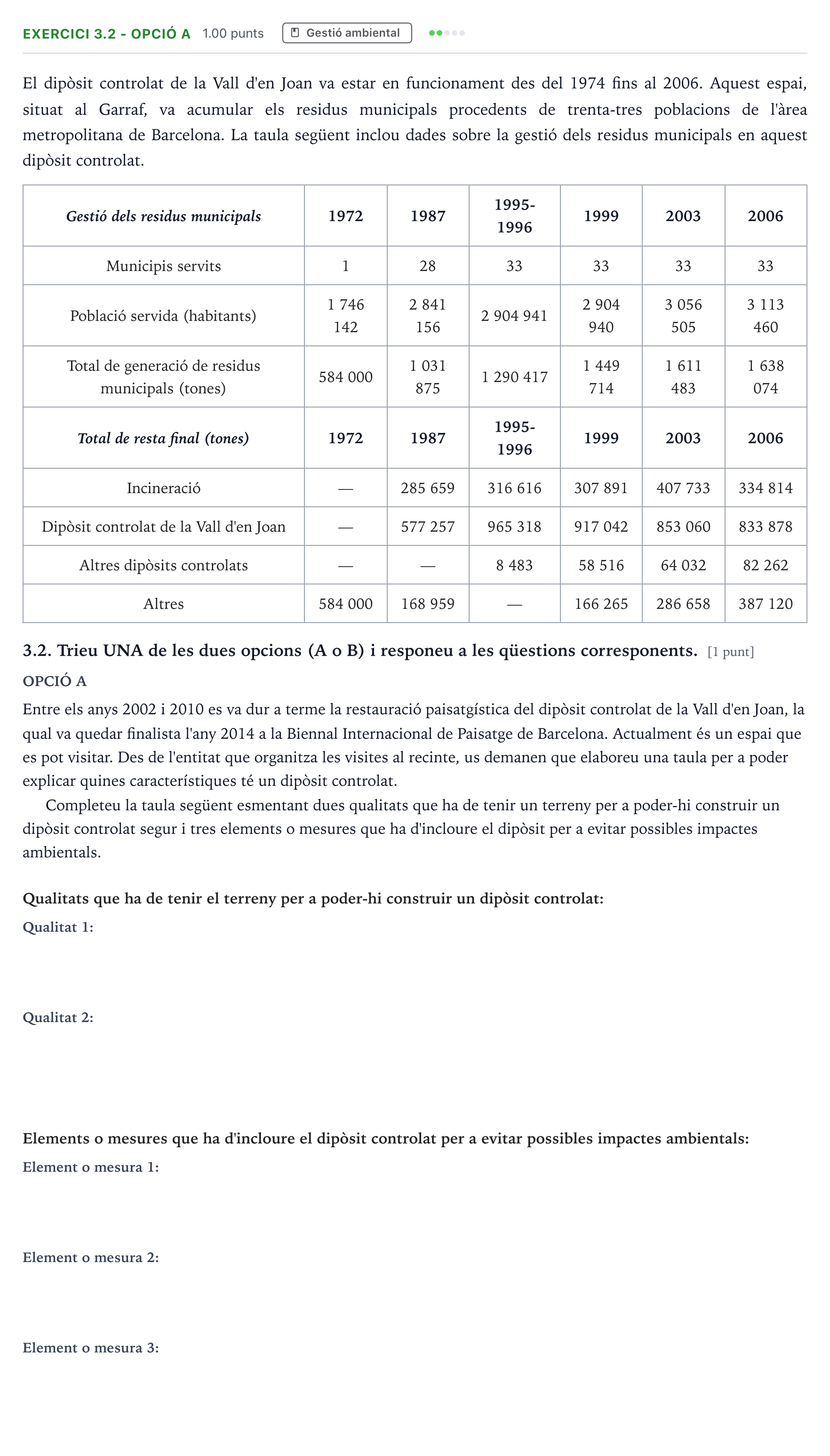 Enunciado: Exercici 3.2 - Opció A · Ciencias de la Tierra y del Medio Ambiente Selectividad Cataluña Juny Serie 1 2025
