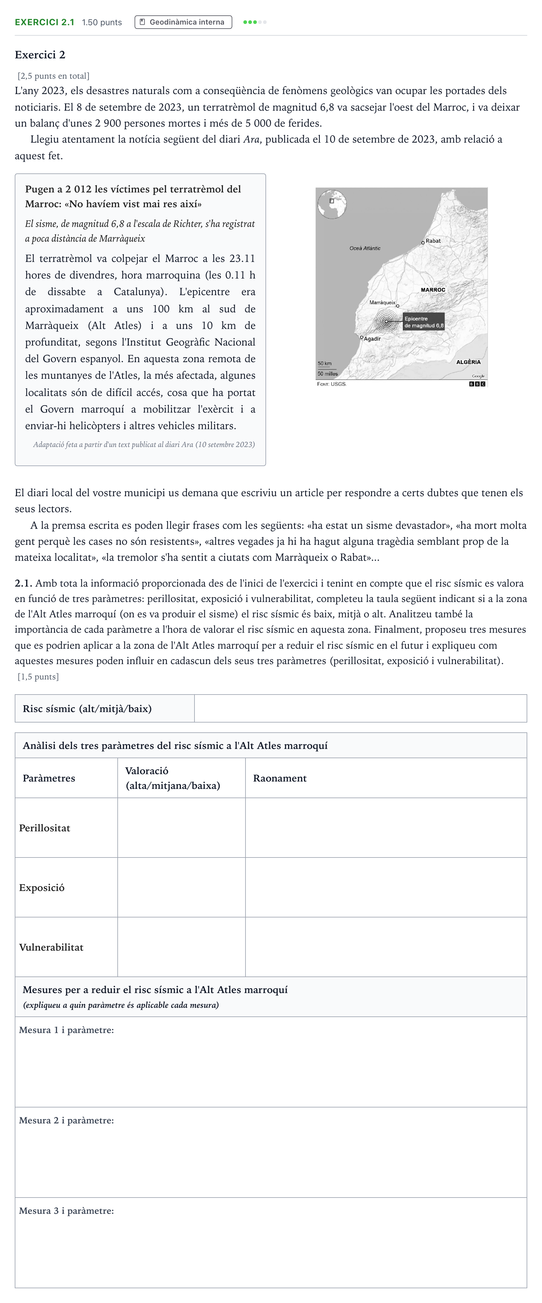 Enunciado: Exercici 2.1 · Ciencias de la Tierra y del Medio Ambiente Selectividad Cataluña Juny Serie 4 2025