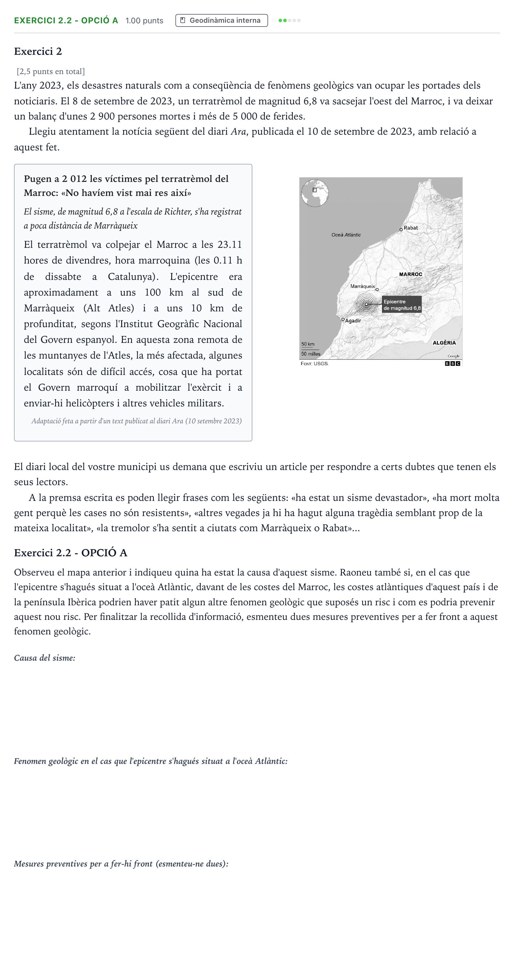 Enunciado: Exercici 2.2 - Opció A · Ciencias de la Tierra y del Medio Ambiente Selectividad Cataluña Juny Serie 4 2025
