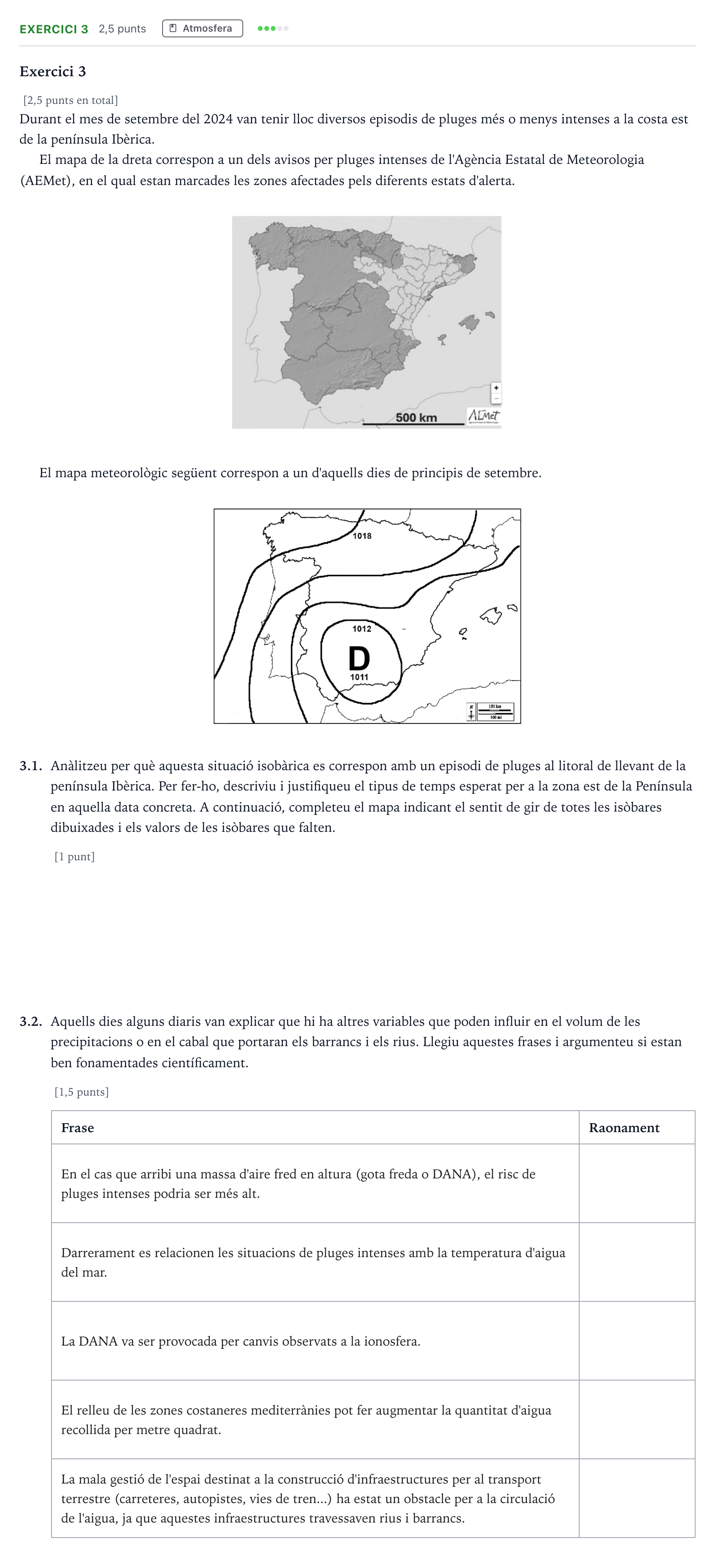 Enunciado: Exercici 3 · Ciencias de la Tierra y del Medio Ambiente Selectividad Cataluña Juny Serie 4 2025
